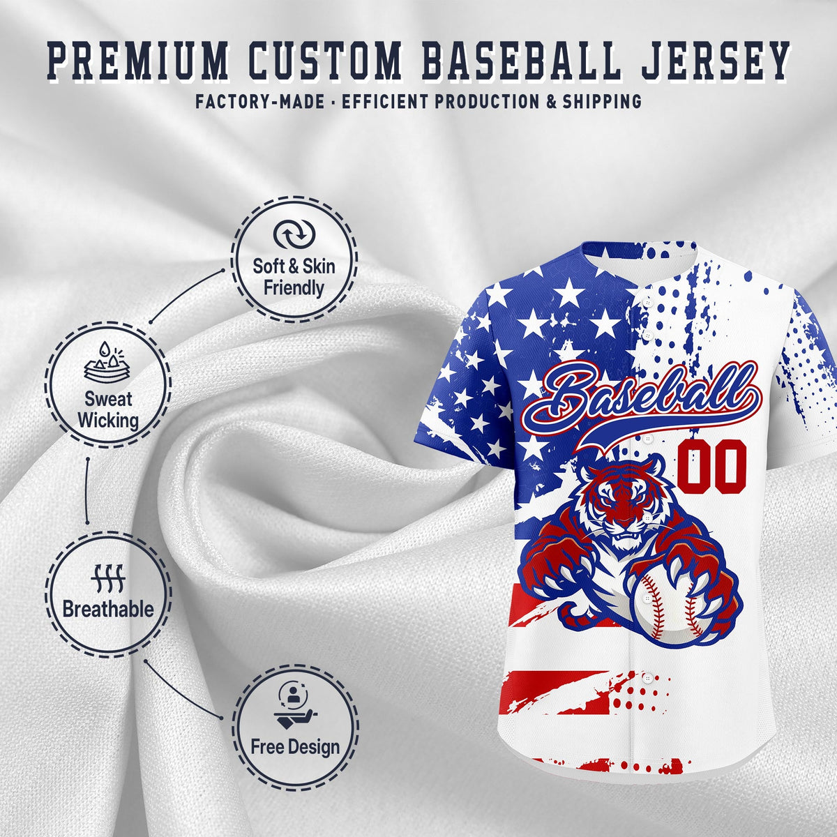 Custom Royal Blue White Red Full-Snap Graffiti Pattern Tiger Graffiti Jersey Baseball Jersey| KXKSHOP