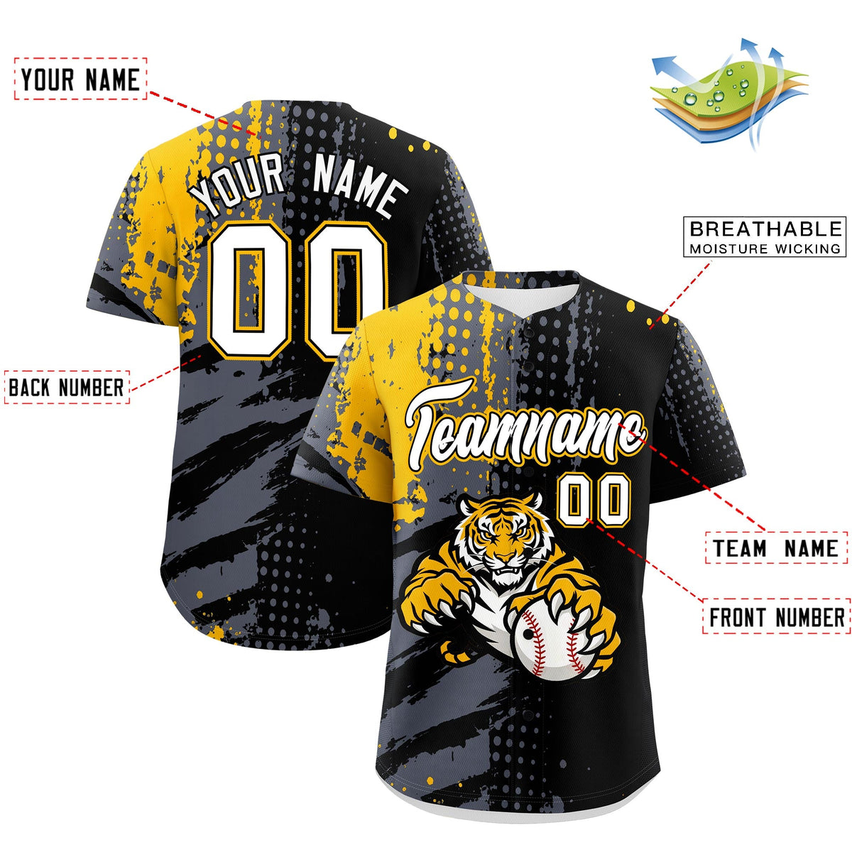 Custom Black Gold Gray Full-Snap Graffiti Pattern Tiger Graffiti Jersey Baseball Jersey| KXKSHOP