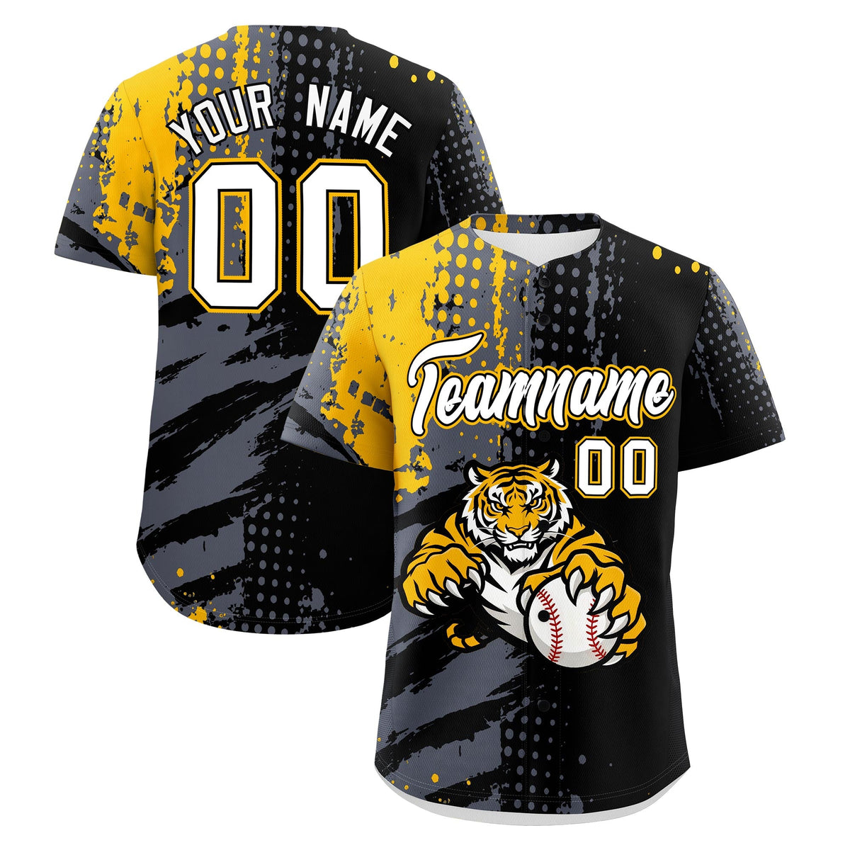 Custom Black Gold Gray Baseball Jersey Full-Snap Graffiti Pattern Tiger Graffiti Jersey