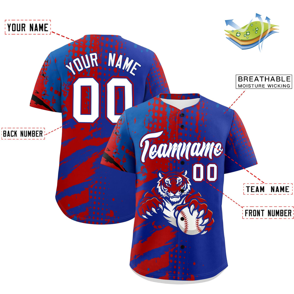 Custom Royal Blue Red Royal Full-Snap Graffiti Pattern Tiger Graffiti Jersey Baseball Jersey| KXKSHOP