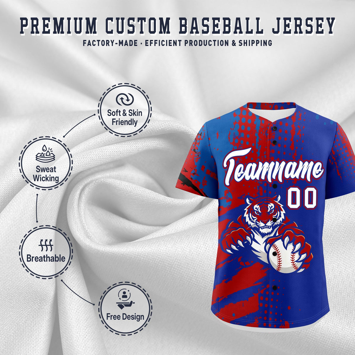 Custom Royal Blue Red Royal Full-Snap Graffiti Pattern Tiger Graffiti Jersey Baseball Jersey| KXKSHOP