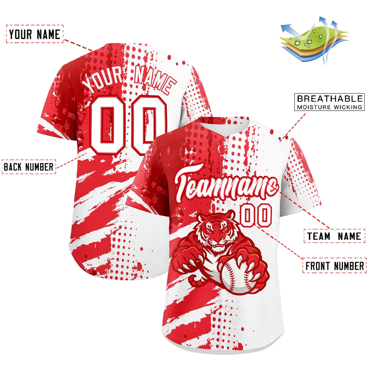 Custom White Red Light Red Full-Snap Graffiti Pattern Tiger Graffiti Jersey Baseball Jersey| KXKSHOP
