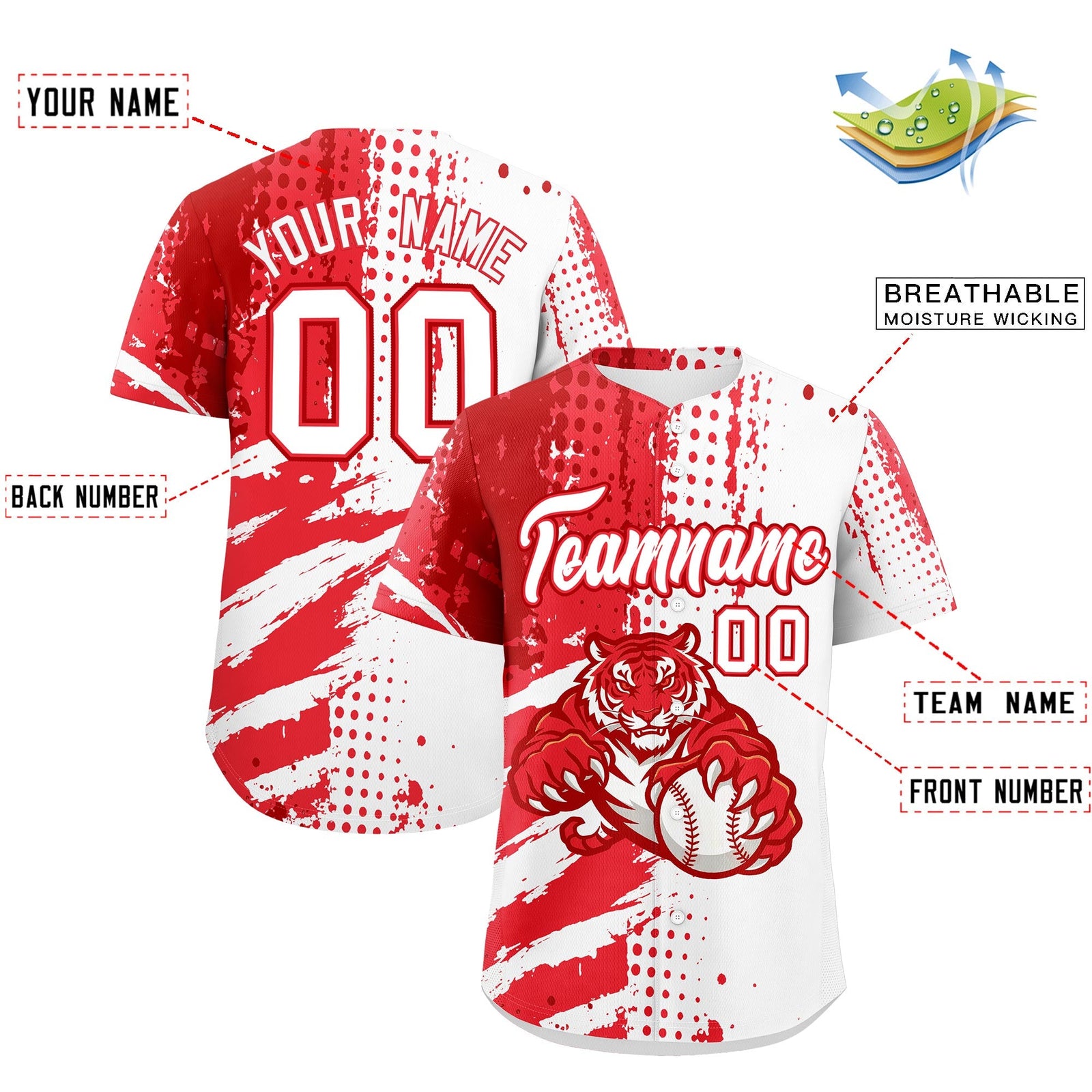 Custom White Red Light Red Full-Snap Graffiti Pattern Tiger Graffiti Jersey Baseball Jersey| KXKSHOP