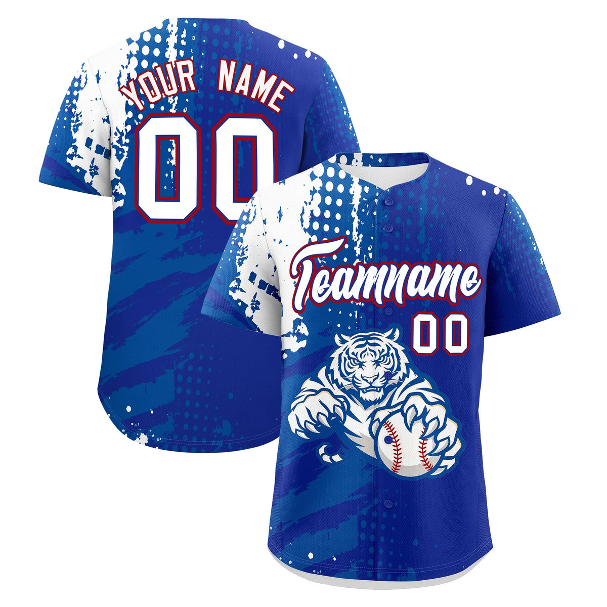 Custom Royal Blue White Royal Baseball Jersey Full-Snap Graffiti Pattern Tiger Graffiti Jersey