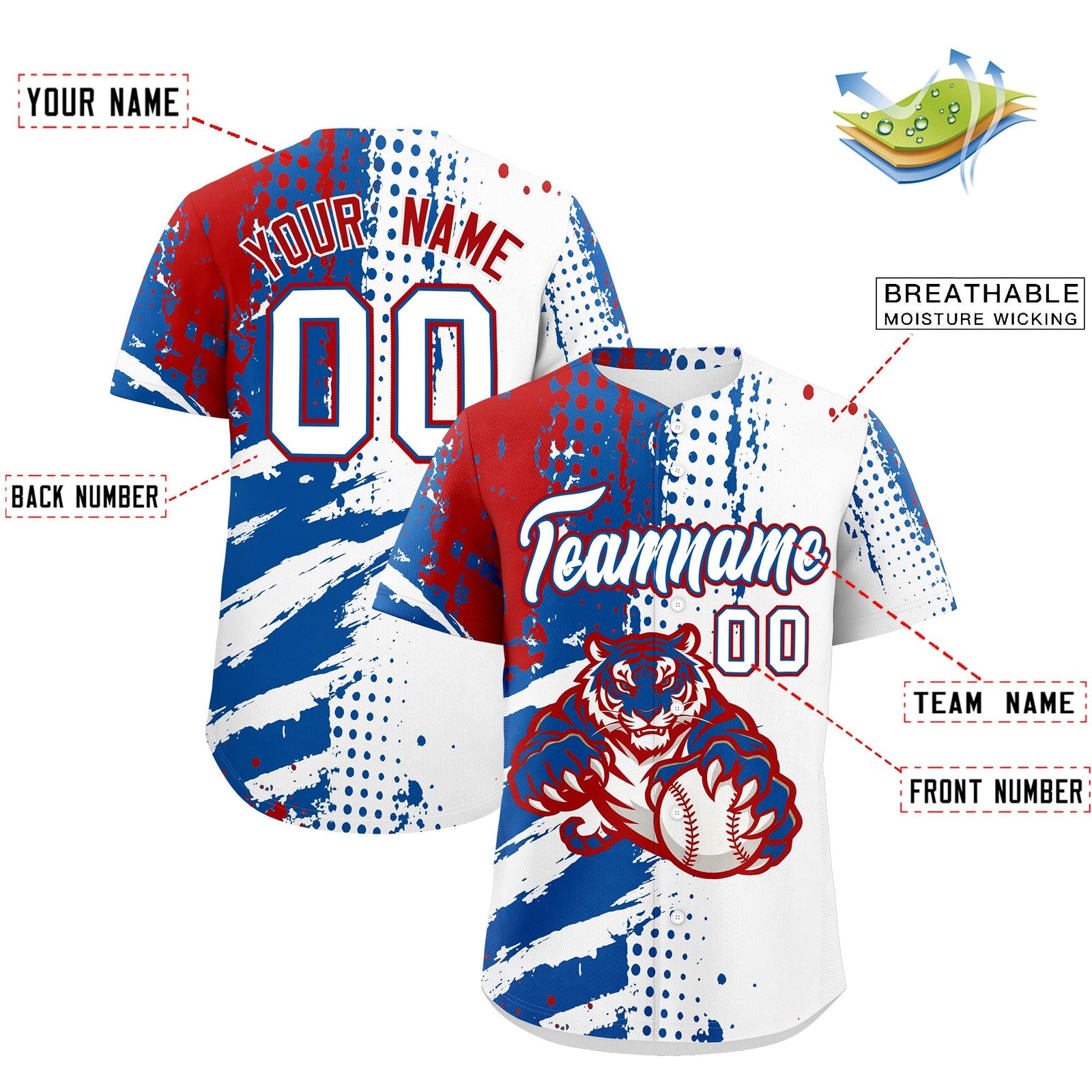Custom White Royal Red Full-Snap Graffiti Pattern Tiger Graffiti Jersey Baseball Jersey| KXKSHOP
