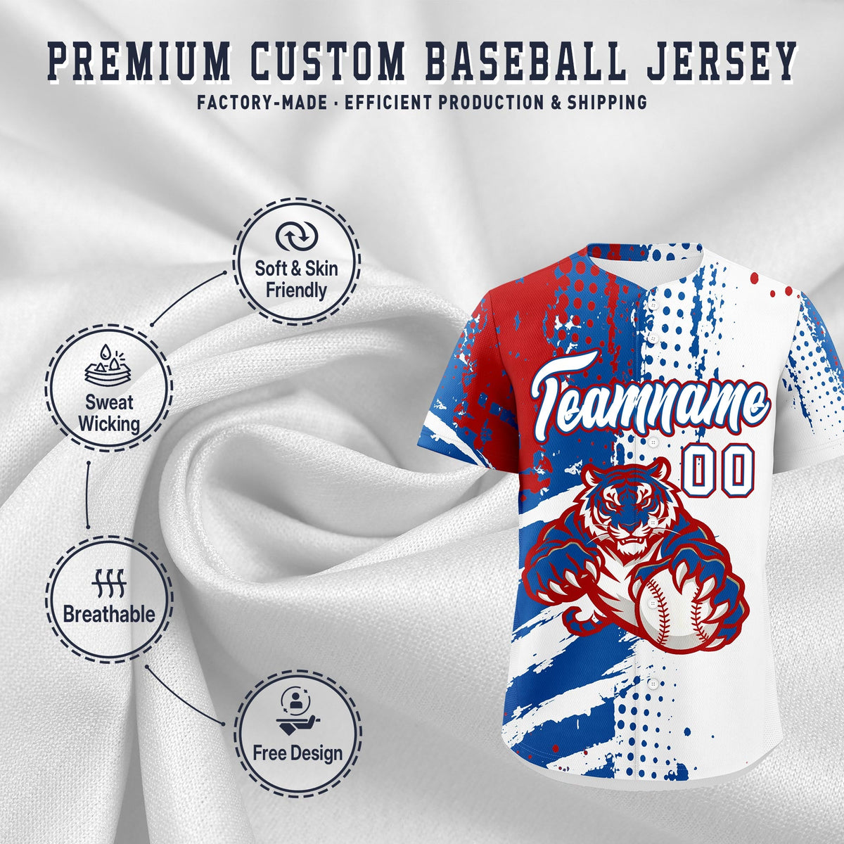 Custom White Royal Red Full-Snap Graffiti Pattern Tiger Graffiti Jersey Baseball Jersey| KXKSHOP