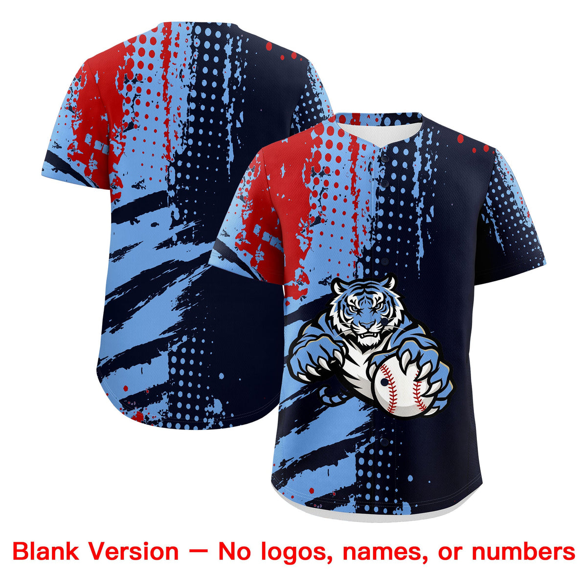 Custom Navy Light Blue Red Full-Snap Graffiti Pattern Tiger Graffiti Jersey Baseball Jersey| KXKSHOP