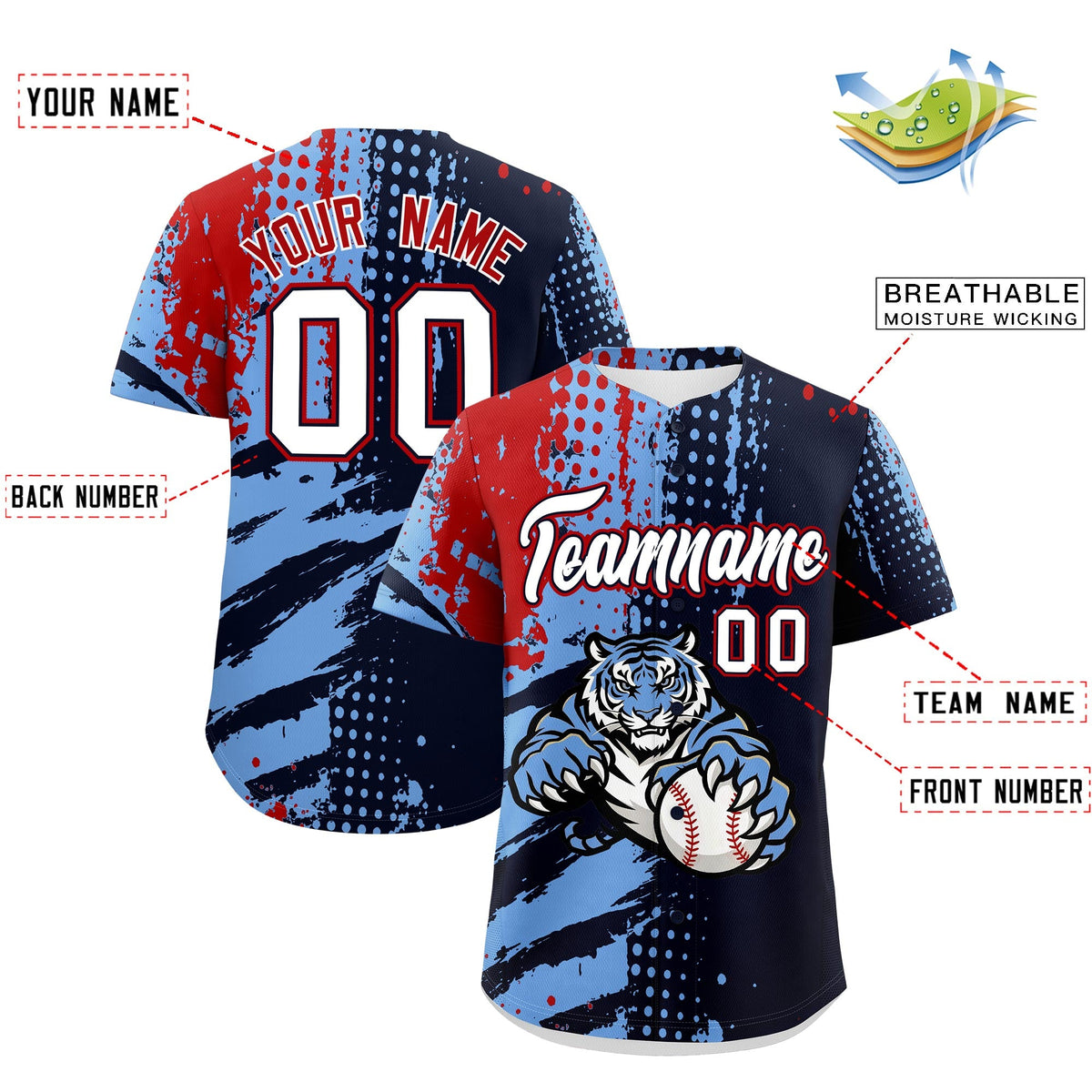 Custom Navy Light Blue Red Full-Snap Graffiti Pattern Tiger Graffiti Jersey Baseball Jersey| KXKSHOP