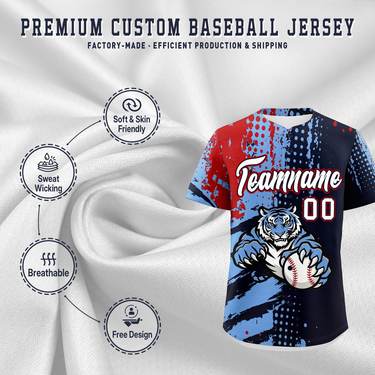 Custom Navy Light Blue Red Full-Snap Graffiti Pattern Tiger Graffiti Jersey Baseball Jersey| KXKSHOP