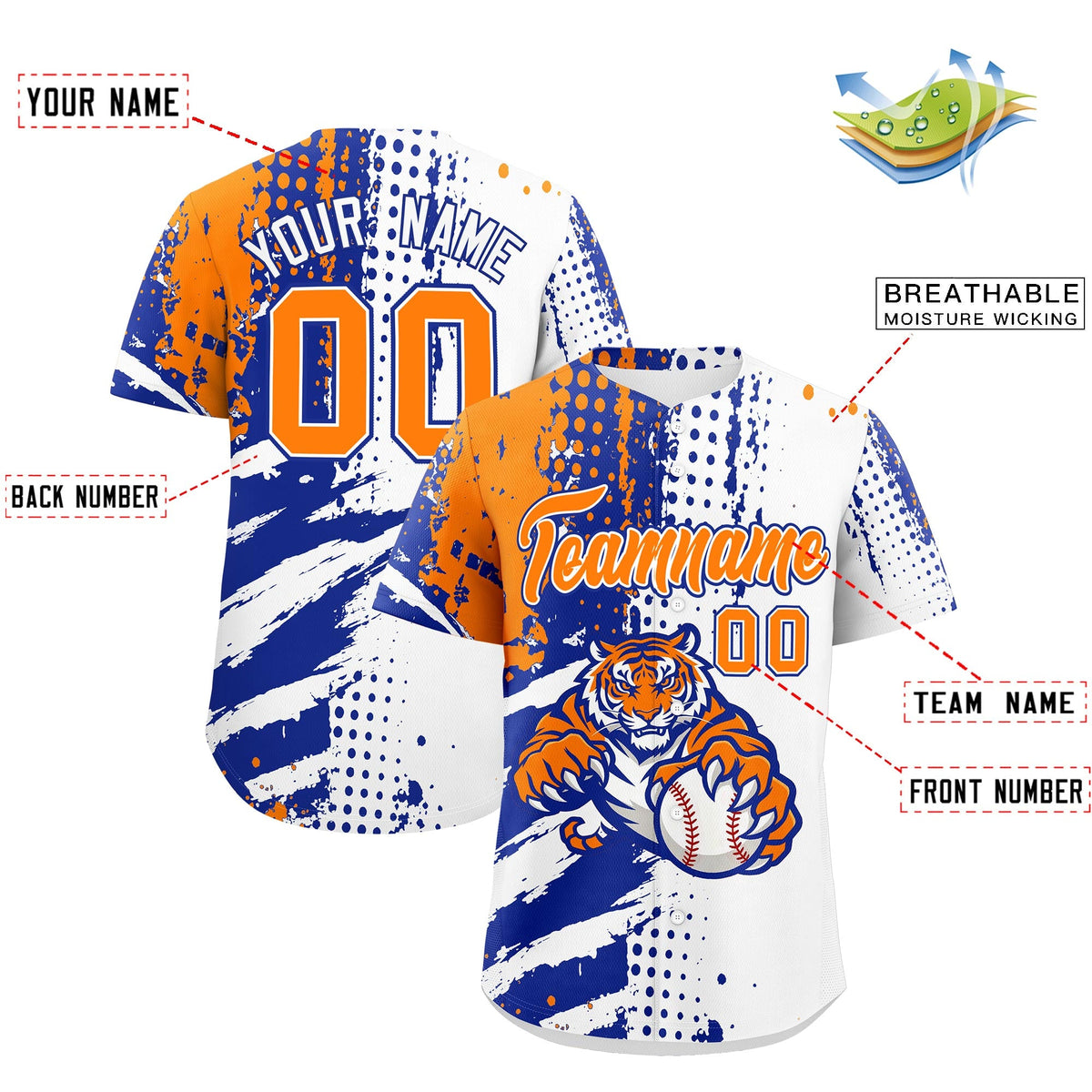 Custom White Royal Blue Orange Full-Snap Graffiti Pattern Tiger Graffiti Jersey Baseball Jersey| KXKSHOP