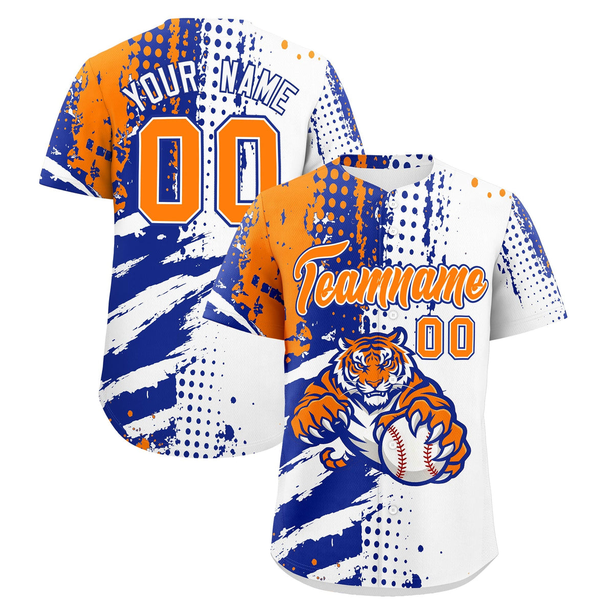 Custom White Royal Blue Orange Baseball Jersey Full-Snap Graffiti Pattern Tiger Graffiti Jersey