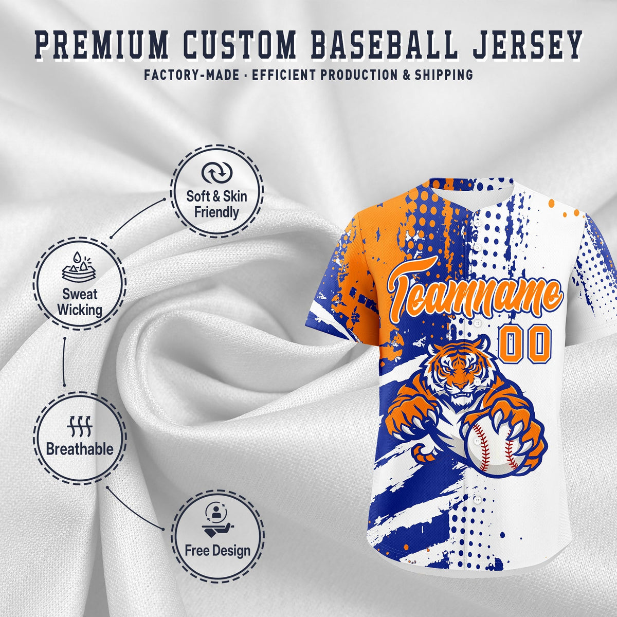 Custom White Royal Blue Orange Full-Snap Graffiti Pattern Tiger Graffiti Jersey Baseball Jersey| KXKSHOP