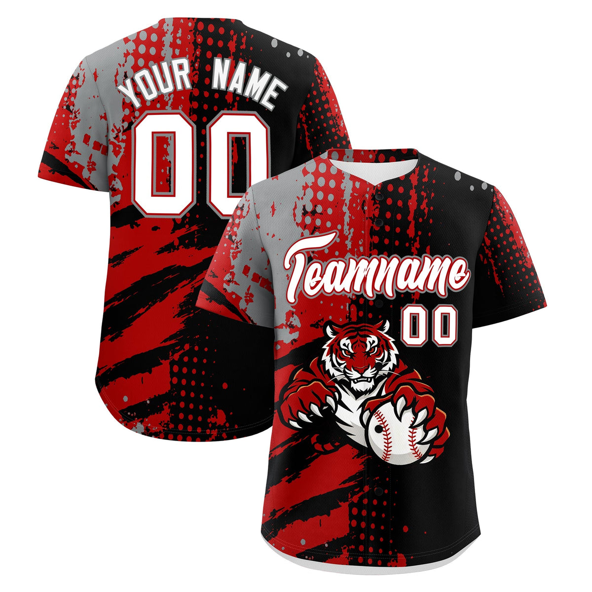 Custom Black Red Gray Baseball Jersey Full-Snap Graffiti Pattern Tiger Graffiti Jersey