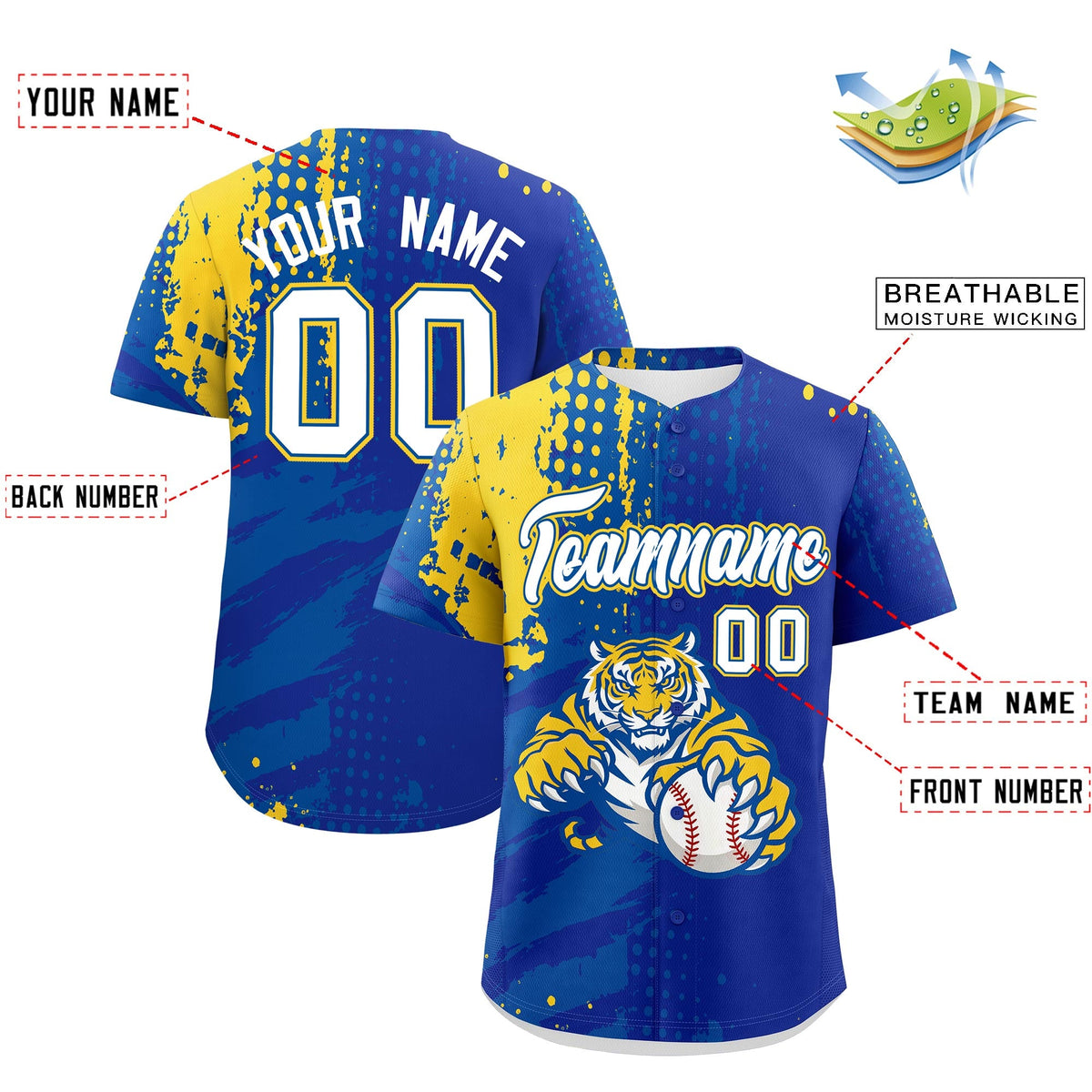 Custom Royal Blue Royal Gold Full-Snap Graffiti Pattern Tiger Graffiti Jersey Baseball Jersey| KXKSHOP
