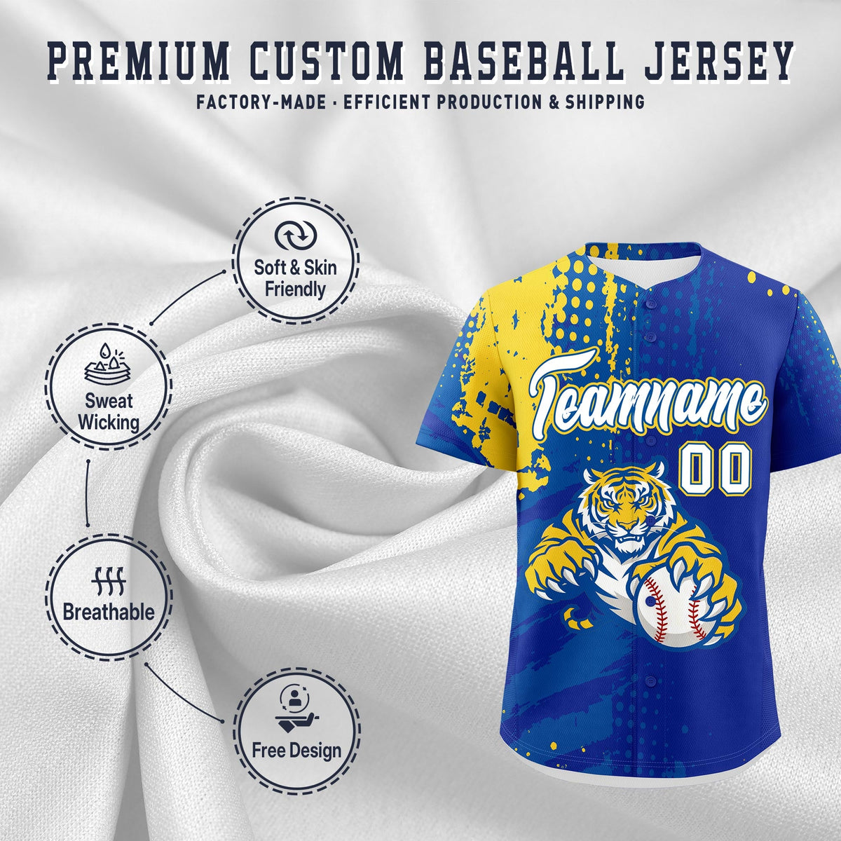 Custom Royal Blue Royal Gold Full-Snap Graffiti Pattern Tiger Graffiti Jersey Baseball Jersey| KXKSHOP