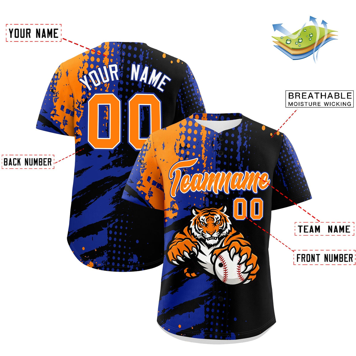 Custom Black Royal Blue Orange Full-Snap Graffiti Pattern Tiger Graffiti Jersey Baseball Jersey| KXKSHOP