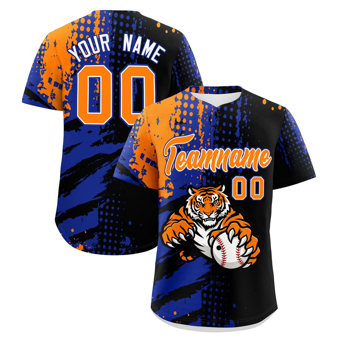 Custom Black Royal Blue Orange Baseball Jersey Full-Snap Graffiti Pattern Tiger Graffiti Jersey