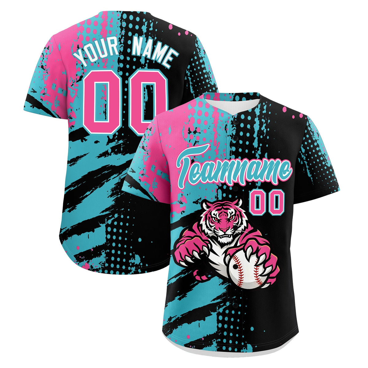 Custom Black Aqua Pink Baseball Jersey Full-Snap Graffiti Pattern Tiger Graffiti Jersey