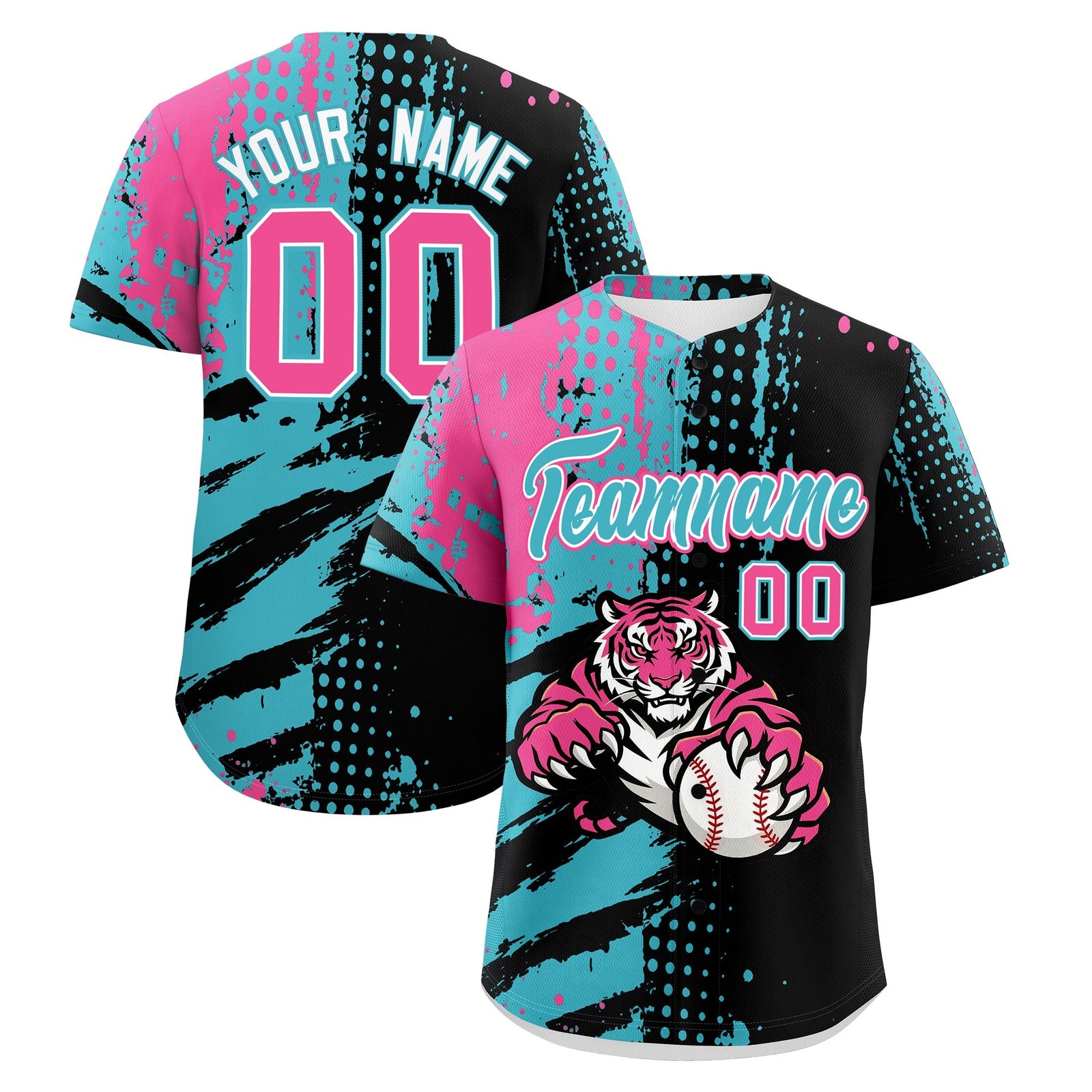Custom Black Aqua Pink Baseball Jersey Full-Snap Graffiti Pattern Tiger Graffiti Jersey