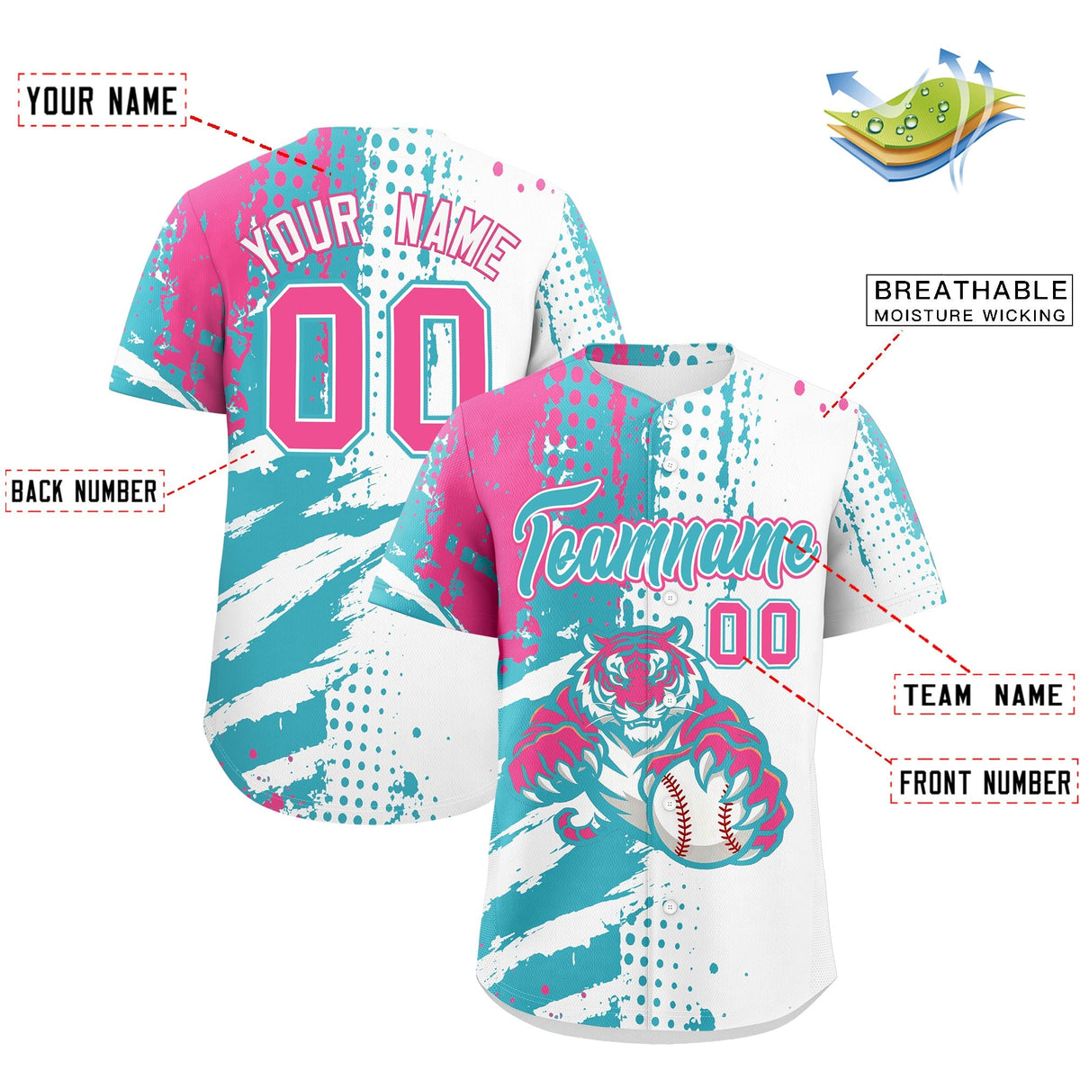 Custom White Aqua Pink Full-Snap Graffiti Pattern Tiger Graffiti Jersey Baseball Jersey| KXKSHOP