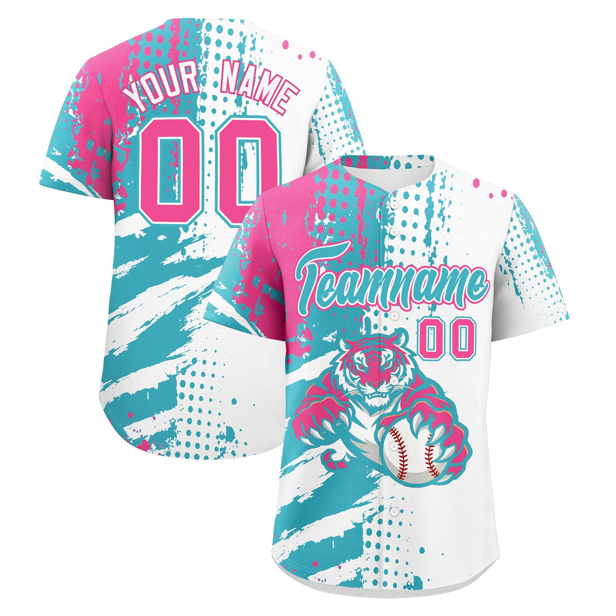 Custom White Aqua Pink Baseball Jersey Full-Snap Graffiti Pattern Tiger Graffiti Jersey