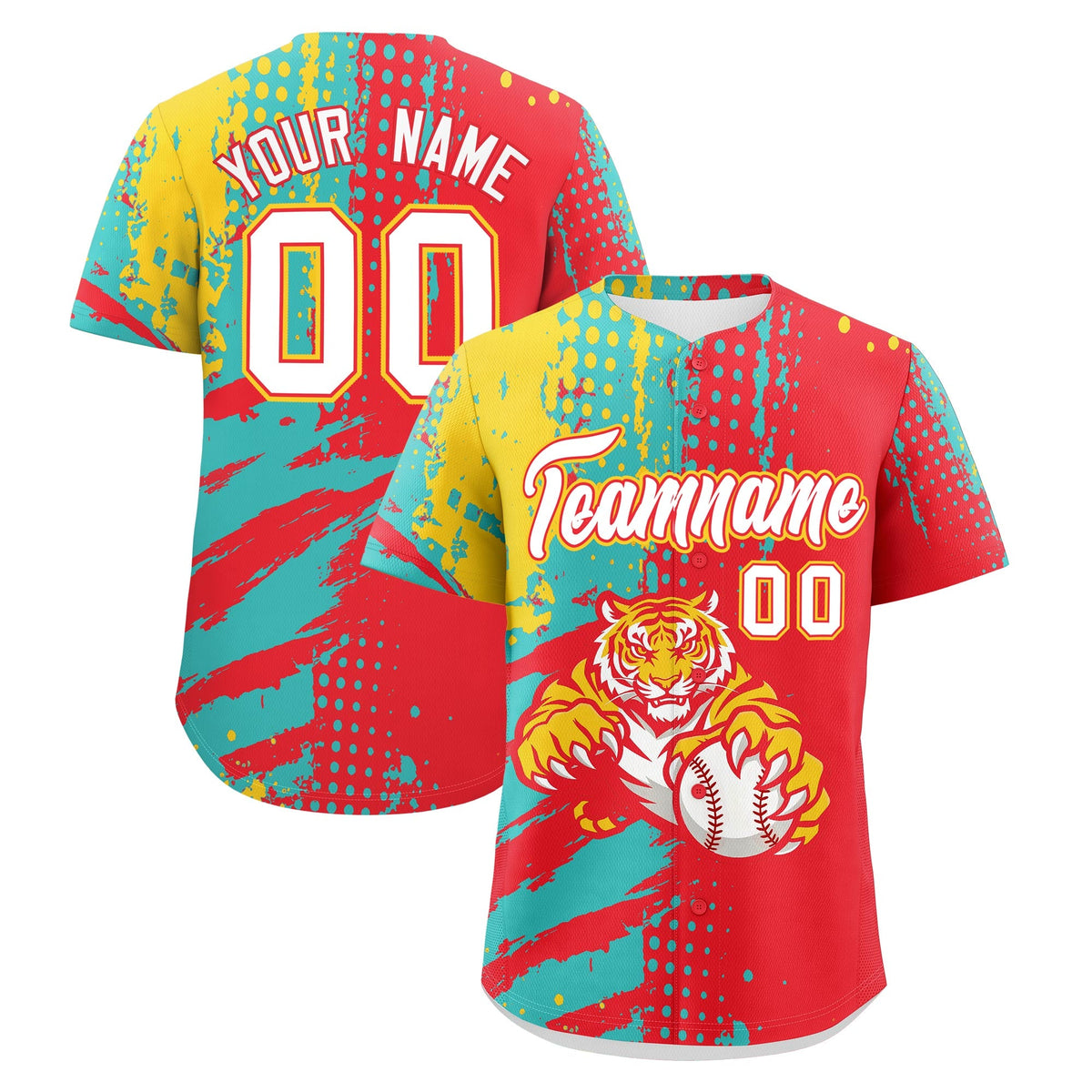 Custom Light Red Teal Gold Baseball Jersey Full-Snap Graffiti Pattern Tiger Graffiti Jersey
