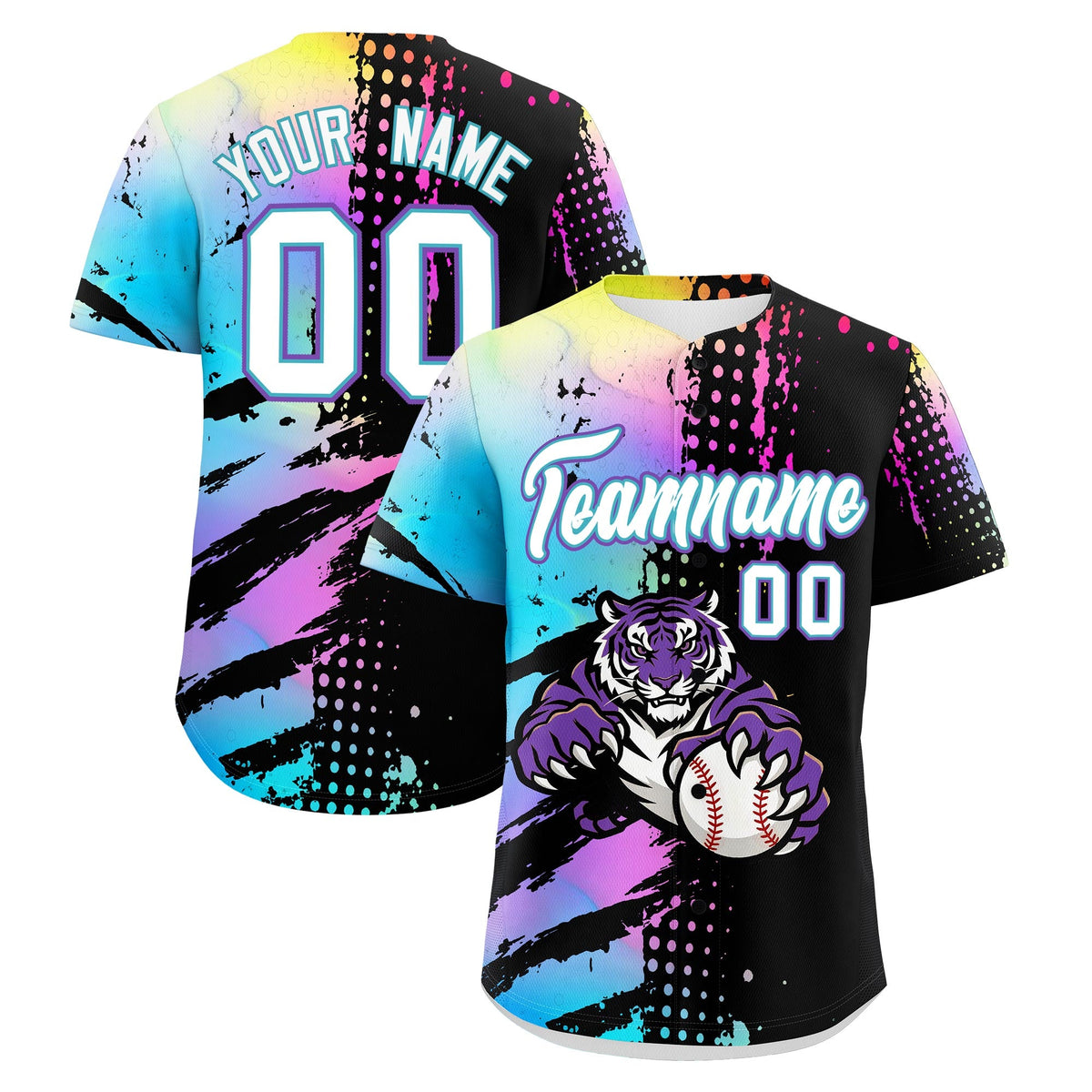 Custom Black White Sky Blue Baseball Jersey Full-Snap Graffiti Pattern Tiger Graffiti Jersey