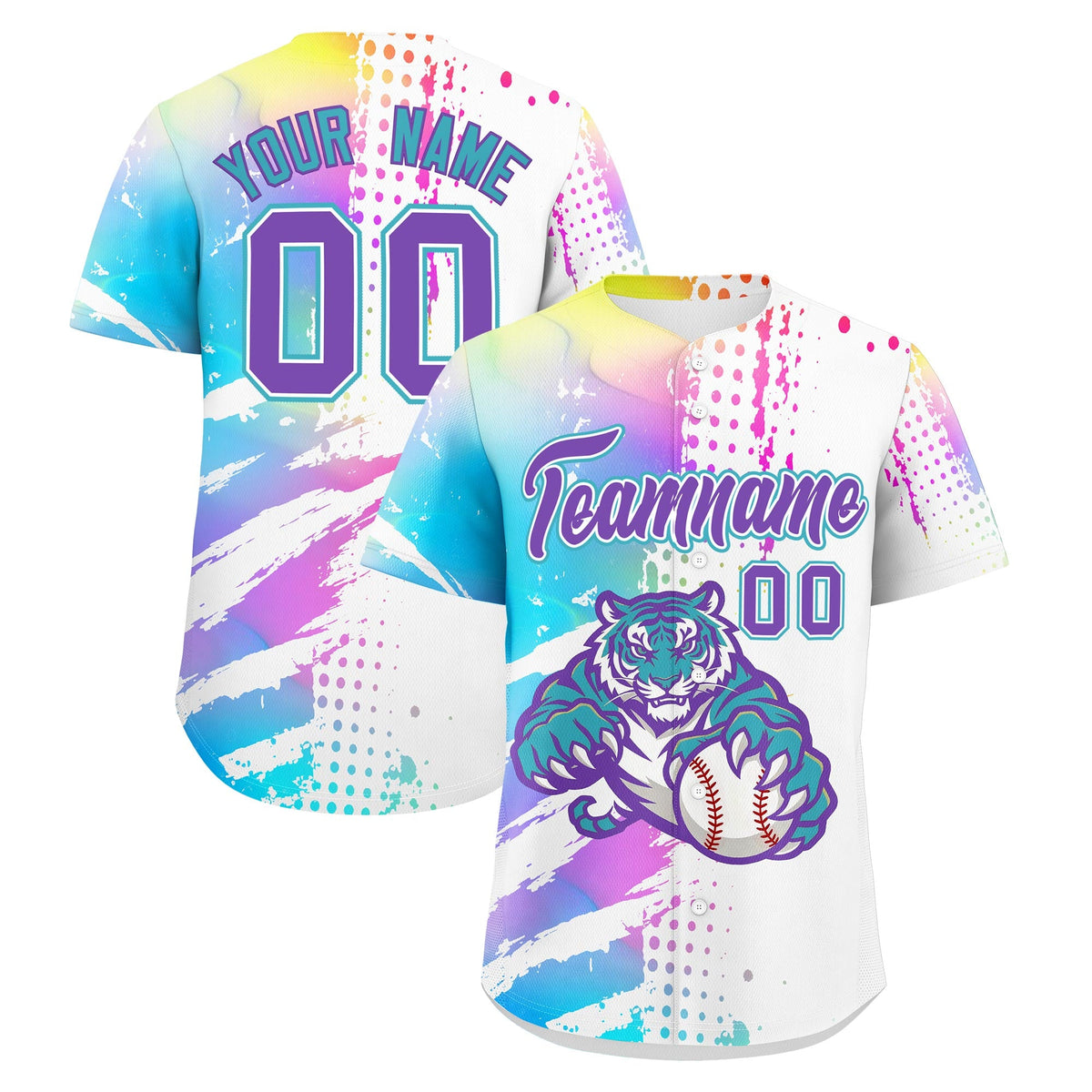 Custom White Sky Blue Baseball Jersey Full-Snap Graffiti Pattern Tiger Graffiti Jersey