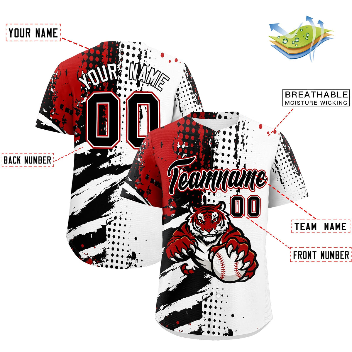 Custom White Black Red Full-Snap Graffiti Pattern Tiger Graffiti Jersey Baseball Jersey| KXKSHOP