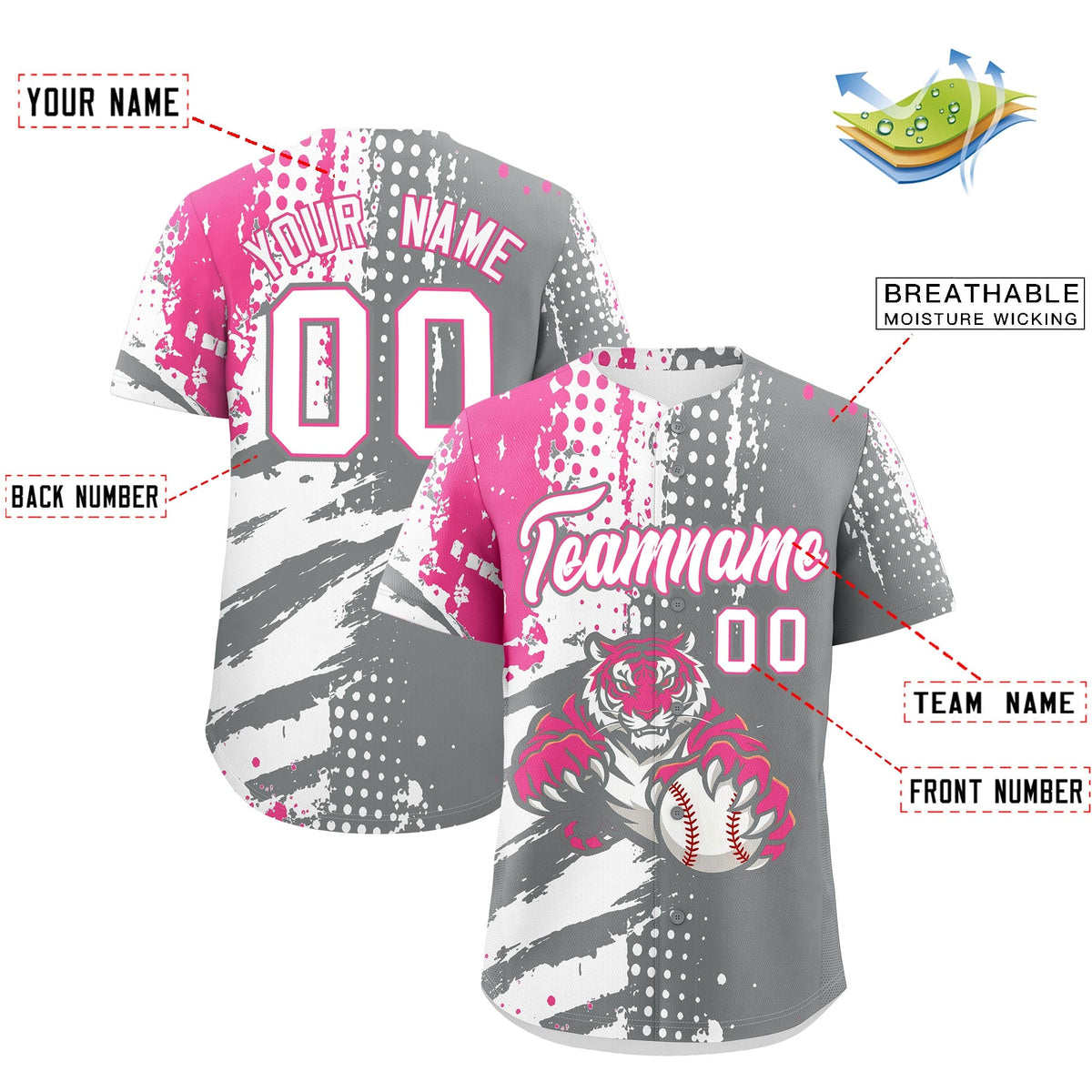 Custom Gray White Pink Full-Snap Graffiti Pattern Tiger Graffiti Jersey Baseball Jersey| KXKSHOP
