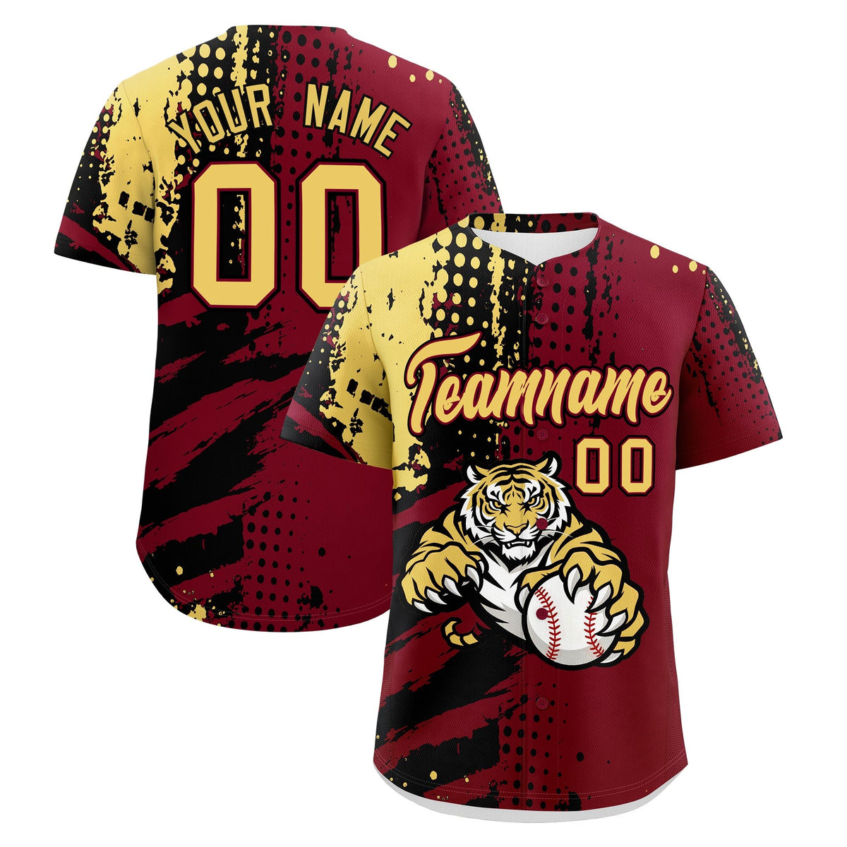 Custom Crimson Black Khaki Baseball Jersey Full-Snap Graffiti Pattern Tiger Graffiti Jersey