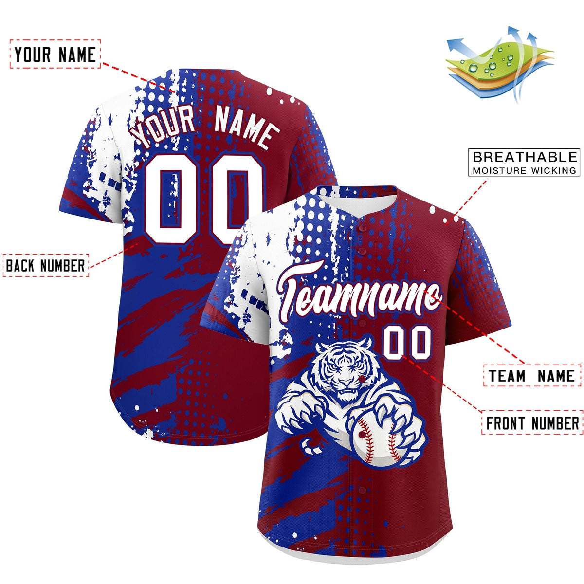 Custom Crimson Royal Blue White Full-Snap Graffiti Pattern Tiger Graffiti Jersey Baseball Jersey| KXKSHOP