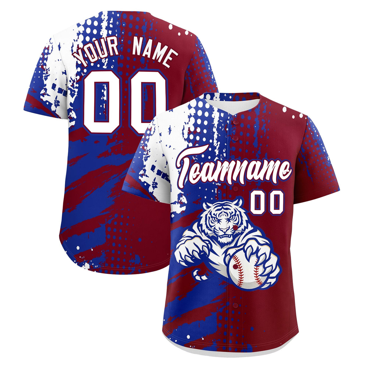Custom Crimson Royal Blue White Baseball Jersey Full-Snap Graffiti Pattern Tiger Graffiti Jersey