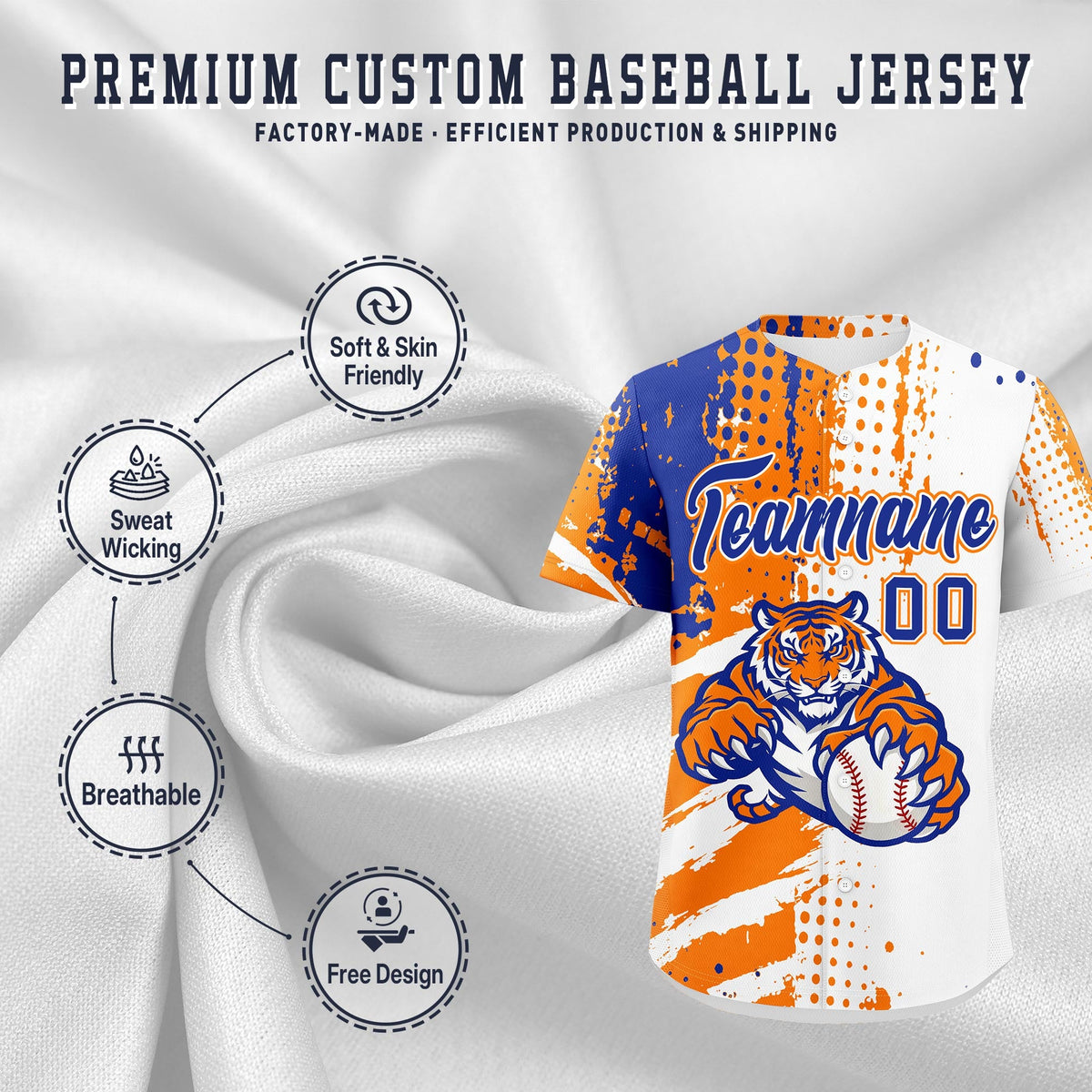 Custom White Orange Royal Blue Full-Snap Graffiti Pattern Tiger Graffiti Jersey Baseball Jersey| KXKSHOP