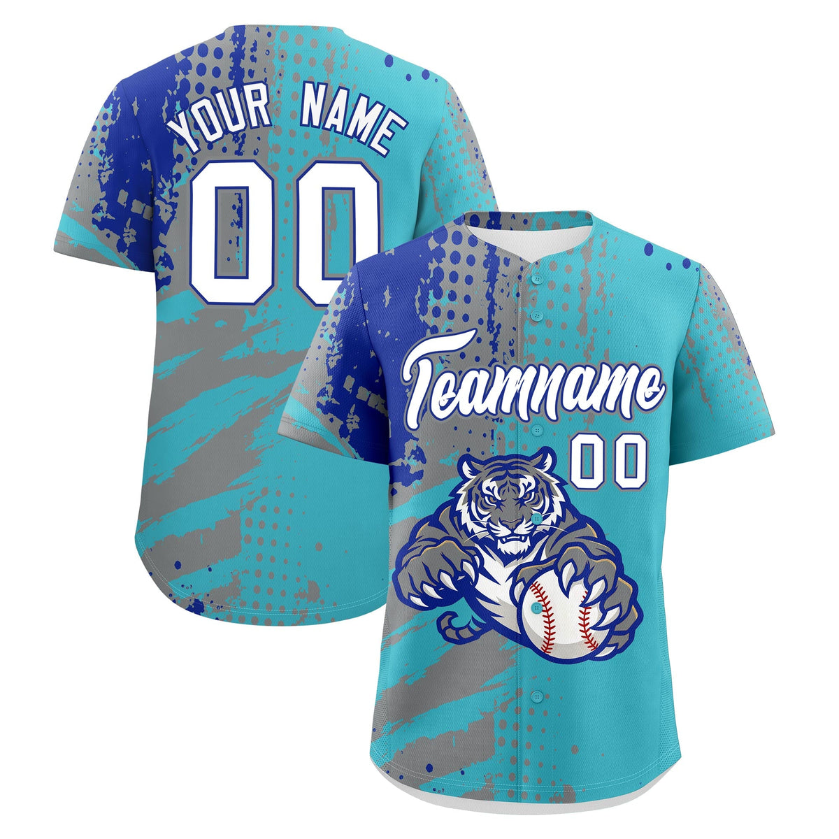 Custom Sky Blue Gray Royal Blue Baseball Jersey Full-Snap Graffiti Pattern Tiger Graffiti Jersey