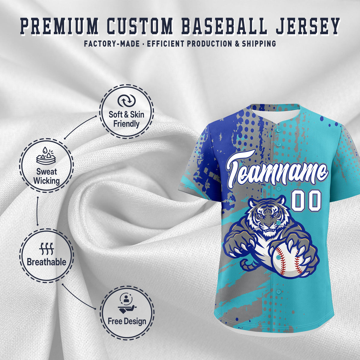 Custom Sky Blue Gray Royal Blue Full-Snap Graffiti Pattern Tiger Graffiti Jersey Baseball Jersey| KXKSHOP