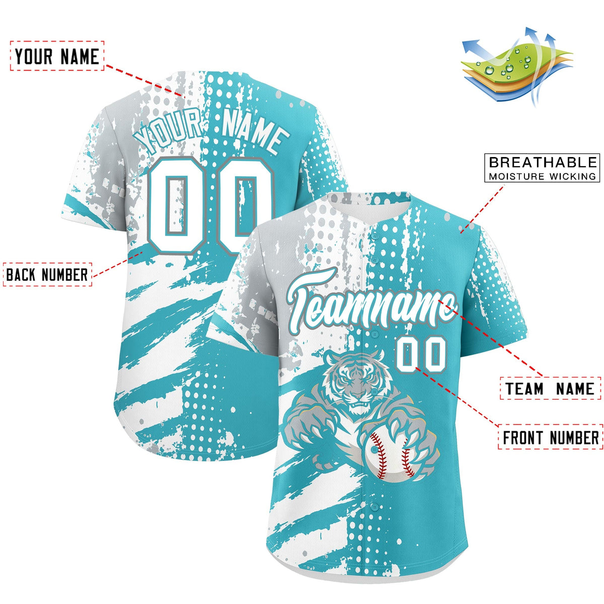 Custom Sky Blue Silver White Full-Snap Graffiti Pattern Tiger Graffiti Jersey Baseball Jersey| KXKSHOP
