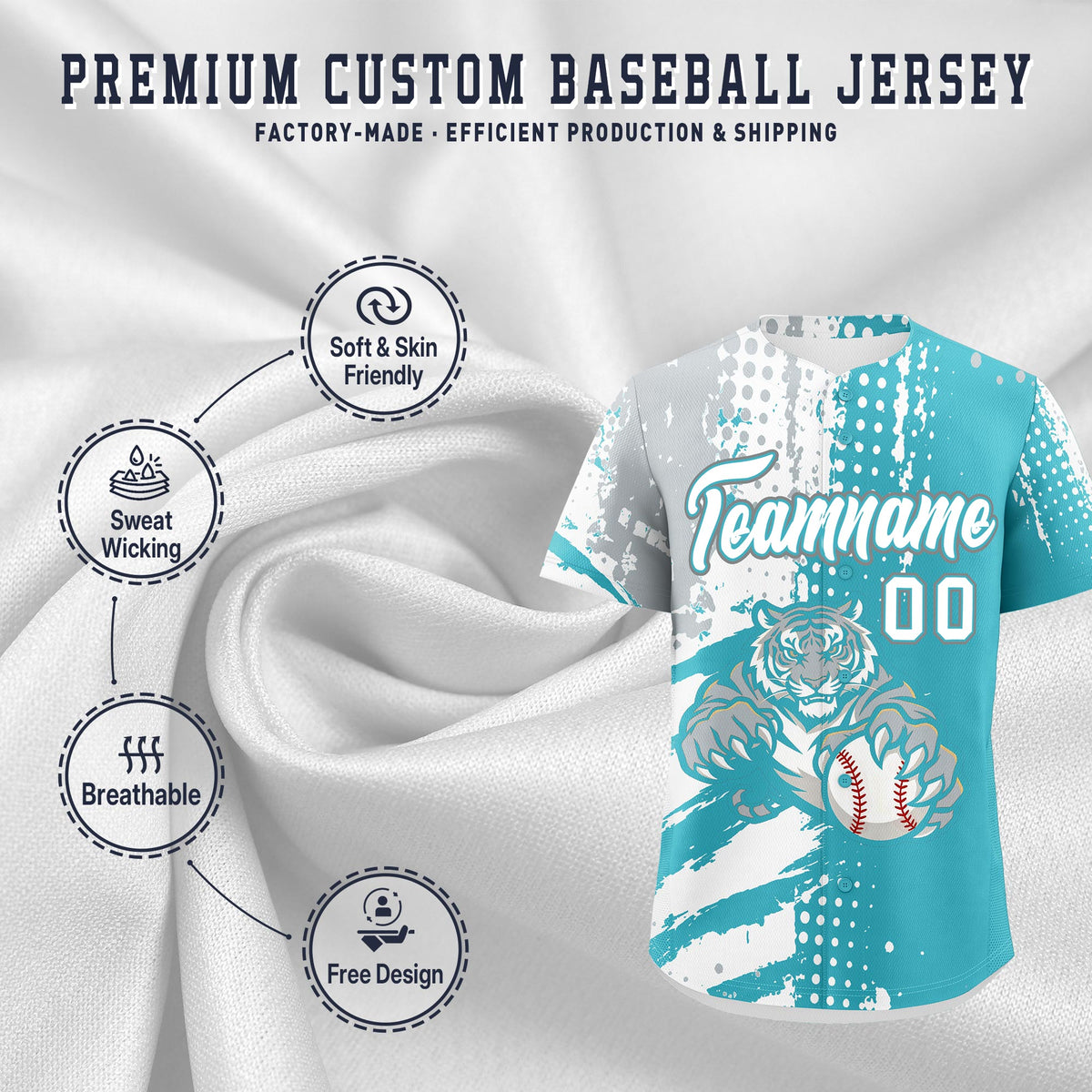Custom Sky Blue Silver White Full-Snap Graffiti Pattern Tiger Graffiti Jersey Baseball Jersey| KXKSHOP
