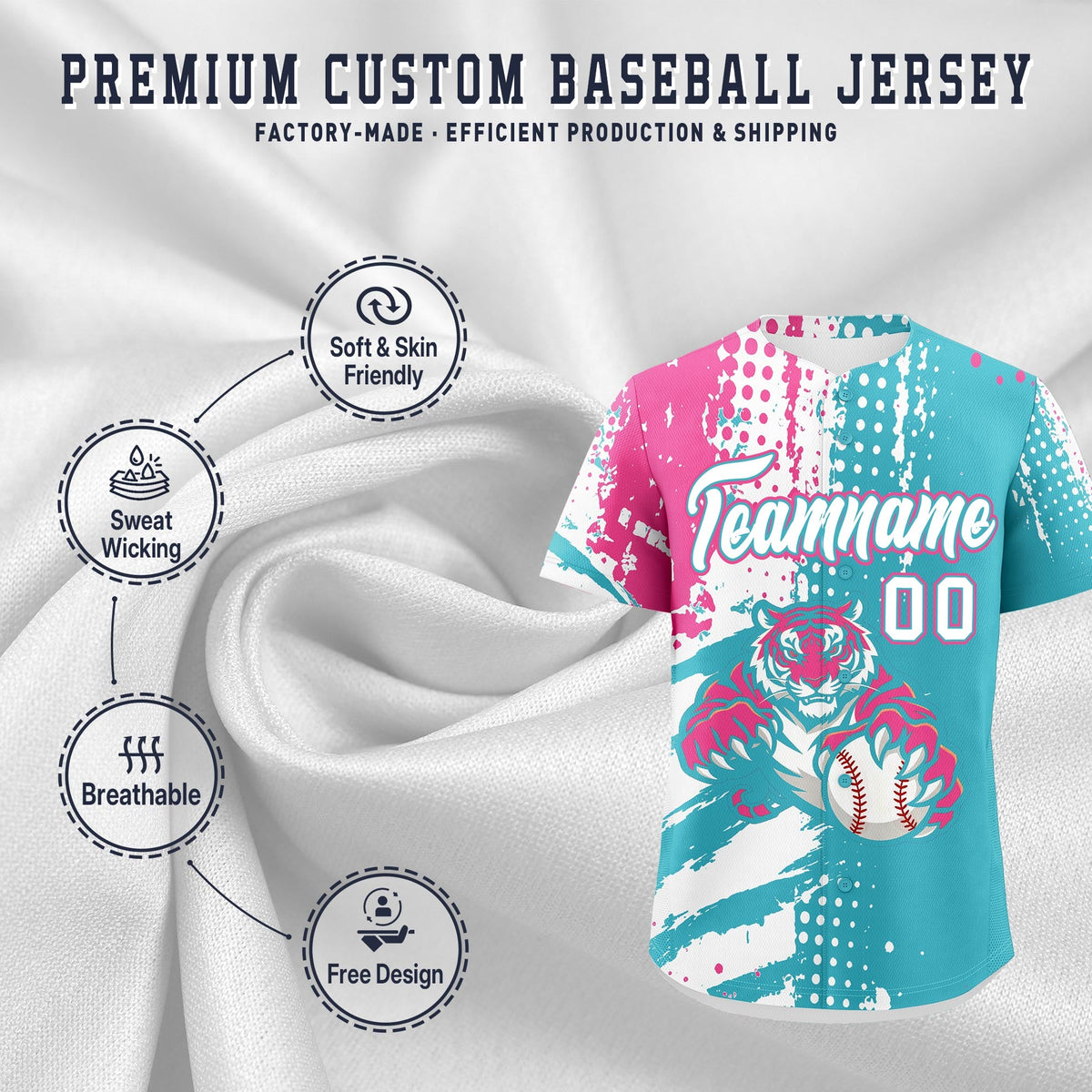 Custom Sky Blue White Pink Full-Snap Graffiti Pattern Tiger Graffiti Jersey Baseball Jersey| KXKSHOP