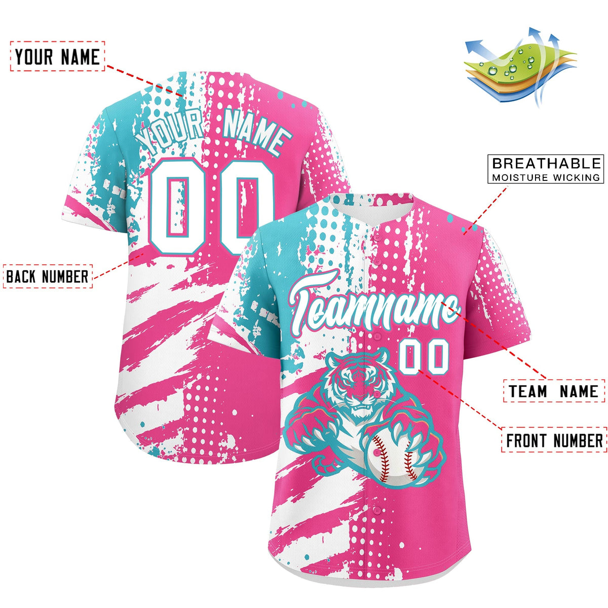 Custom Pink White Sky Blue Full-Snap Graffiti Pattern Tiger Graffiti Jersey Baseball Jersey| KXKSHOP