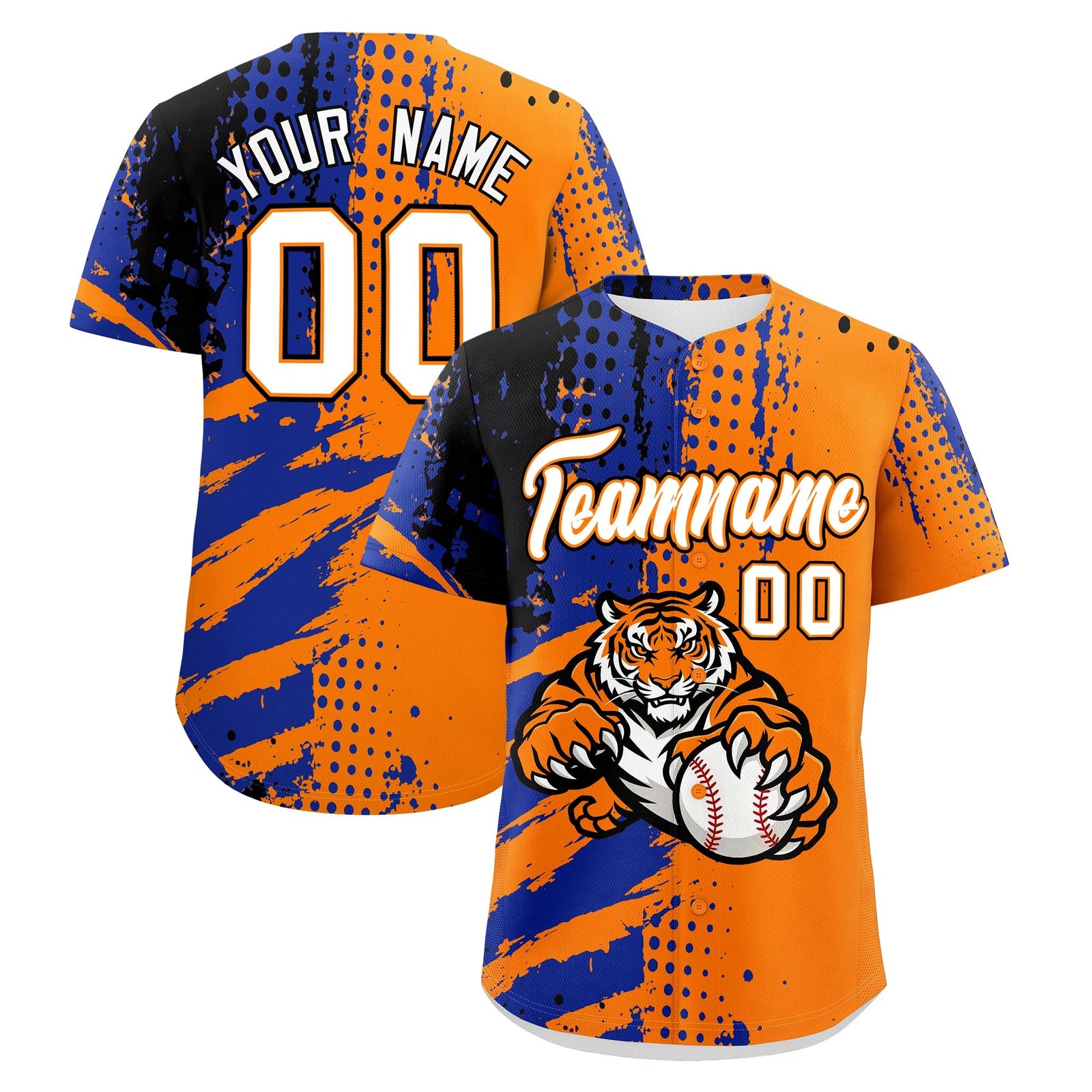 Custom Orange Royal Blue Black Baseball Jersey Full-Snap Graffiti Pattern Tiger Graffiti Jersey