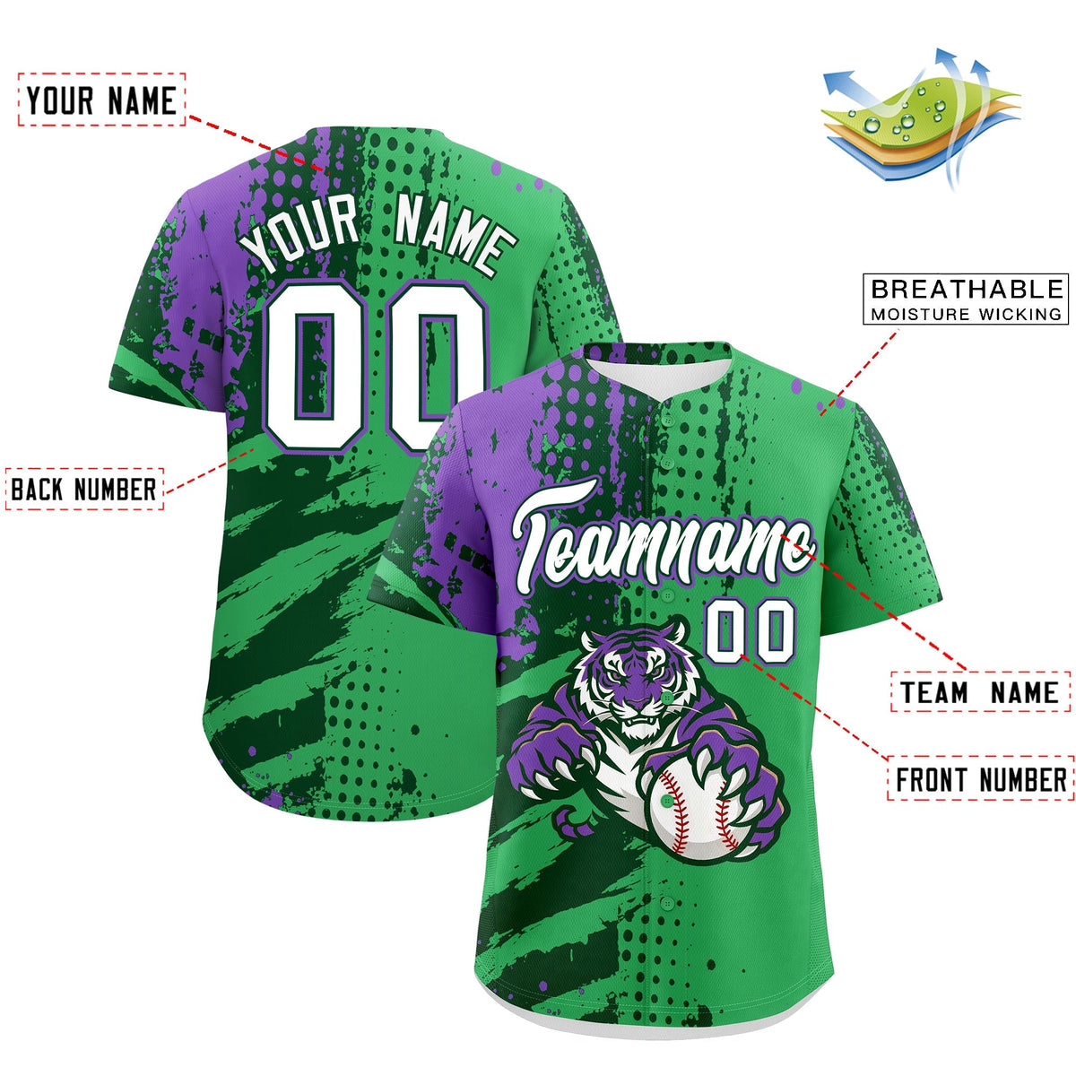 Custom Neon Green Dark Green White Full-Snap Graffiti Pattern Tiger Graffiti Jersey Baseball Jersey| KXKSHOP