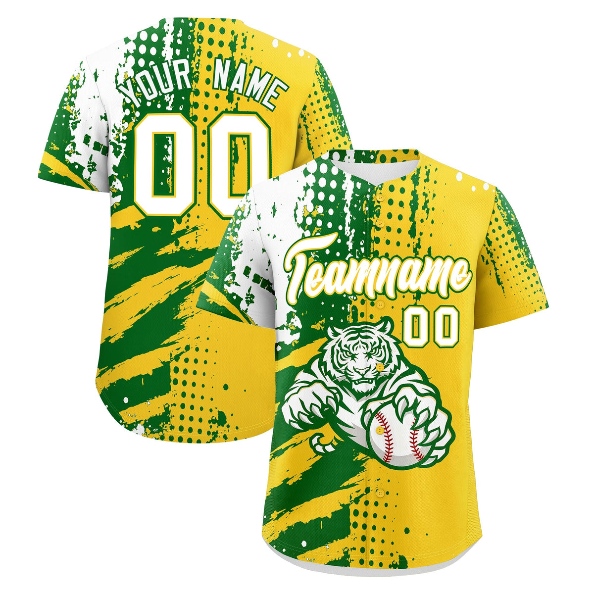 Custom Gold Kelly Green White Baseball Jersey Full-Snap Graffiti Pattern Tiger Graffiti Jersey