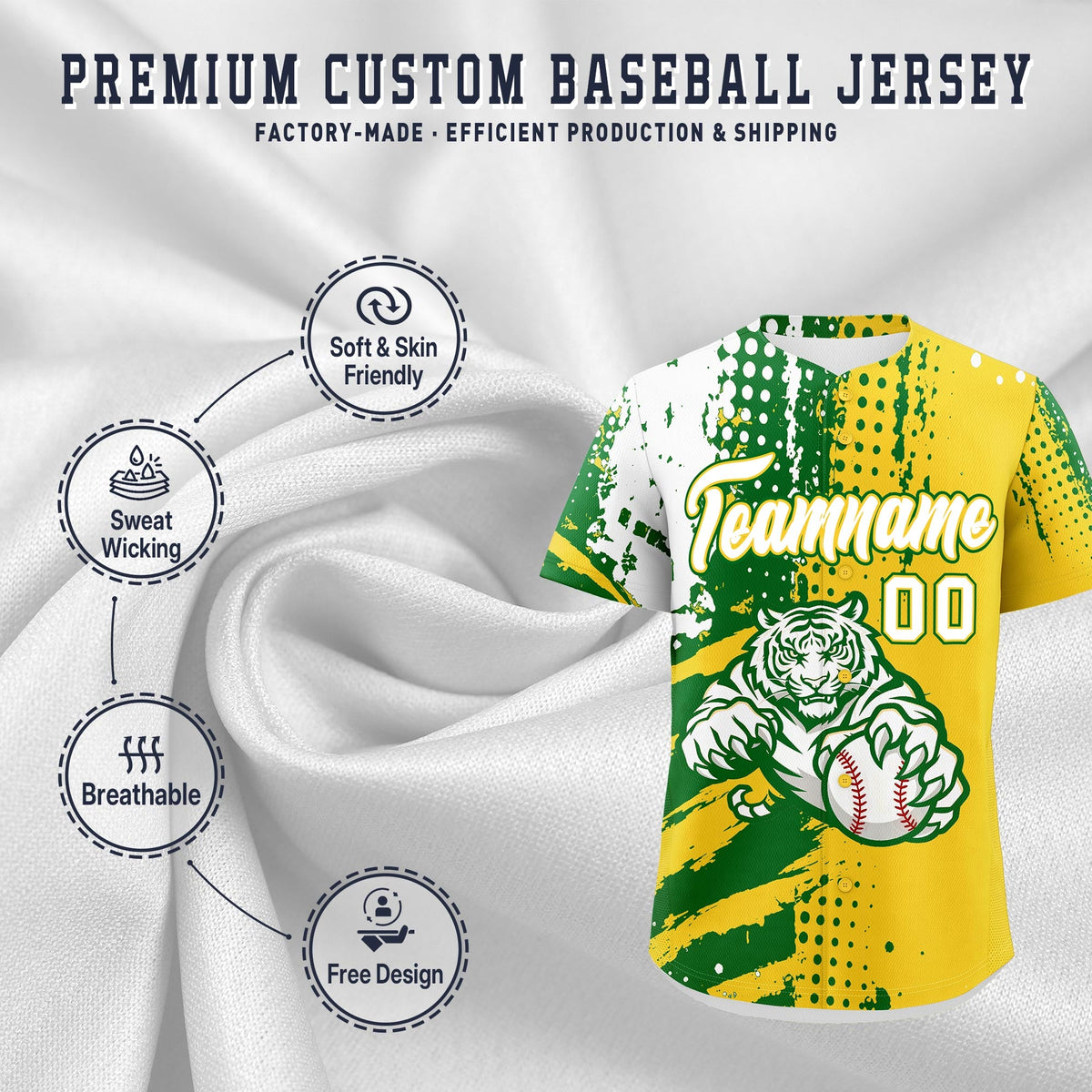 Custom Gold Kelly Green White Full-Snap Graffiti Pattern Tiger Graffiti Jersey Baseball Jersey| KXKSHOP