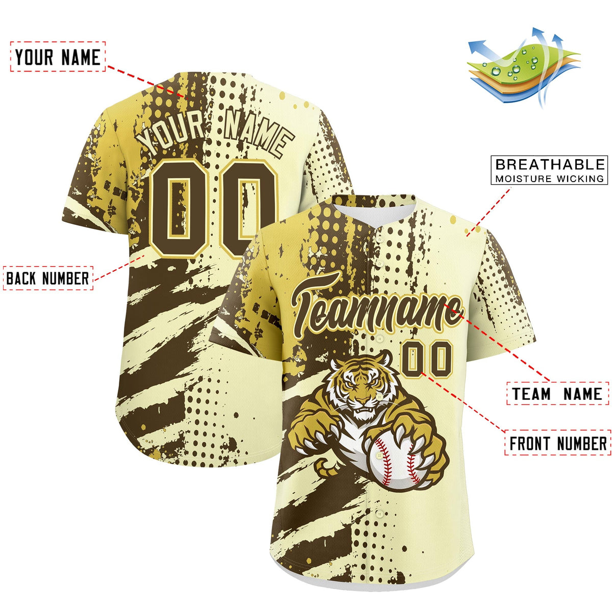 Custom Cream Light Brown Old Gold Full-Snap Graffiti Pattern Tiger Graffiti Jersey Baseball Jersey| KXKSHOP