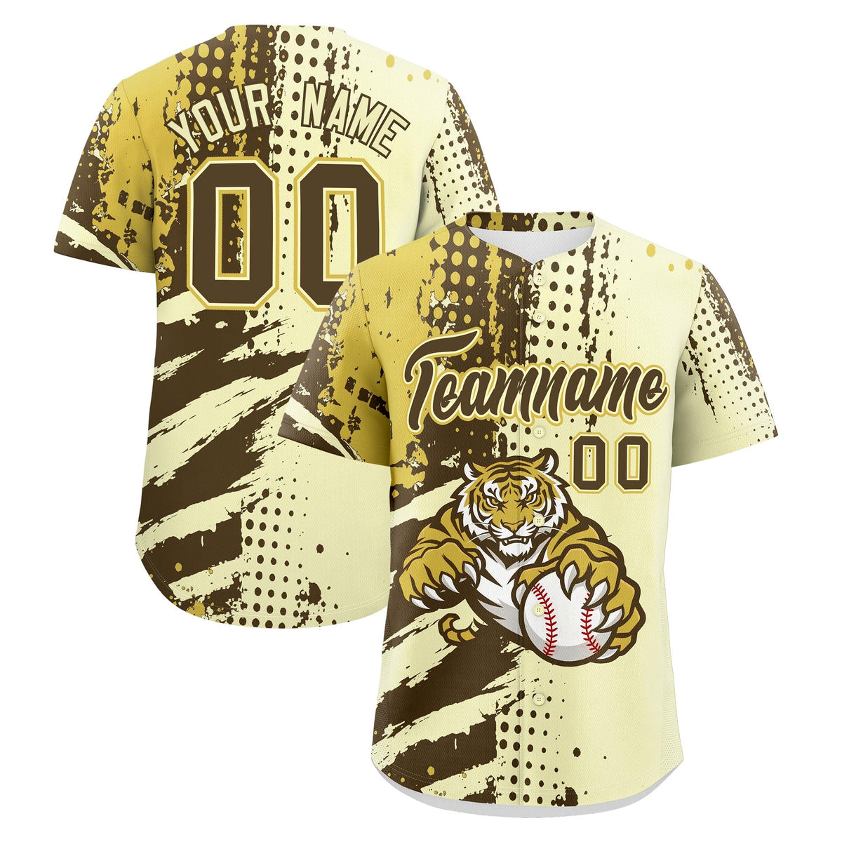 Custom Cream Light Brown Old Gold Baseball Jersey Full-Snap Graffiti Pattern Tiger Graffiti Jersey