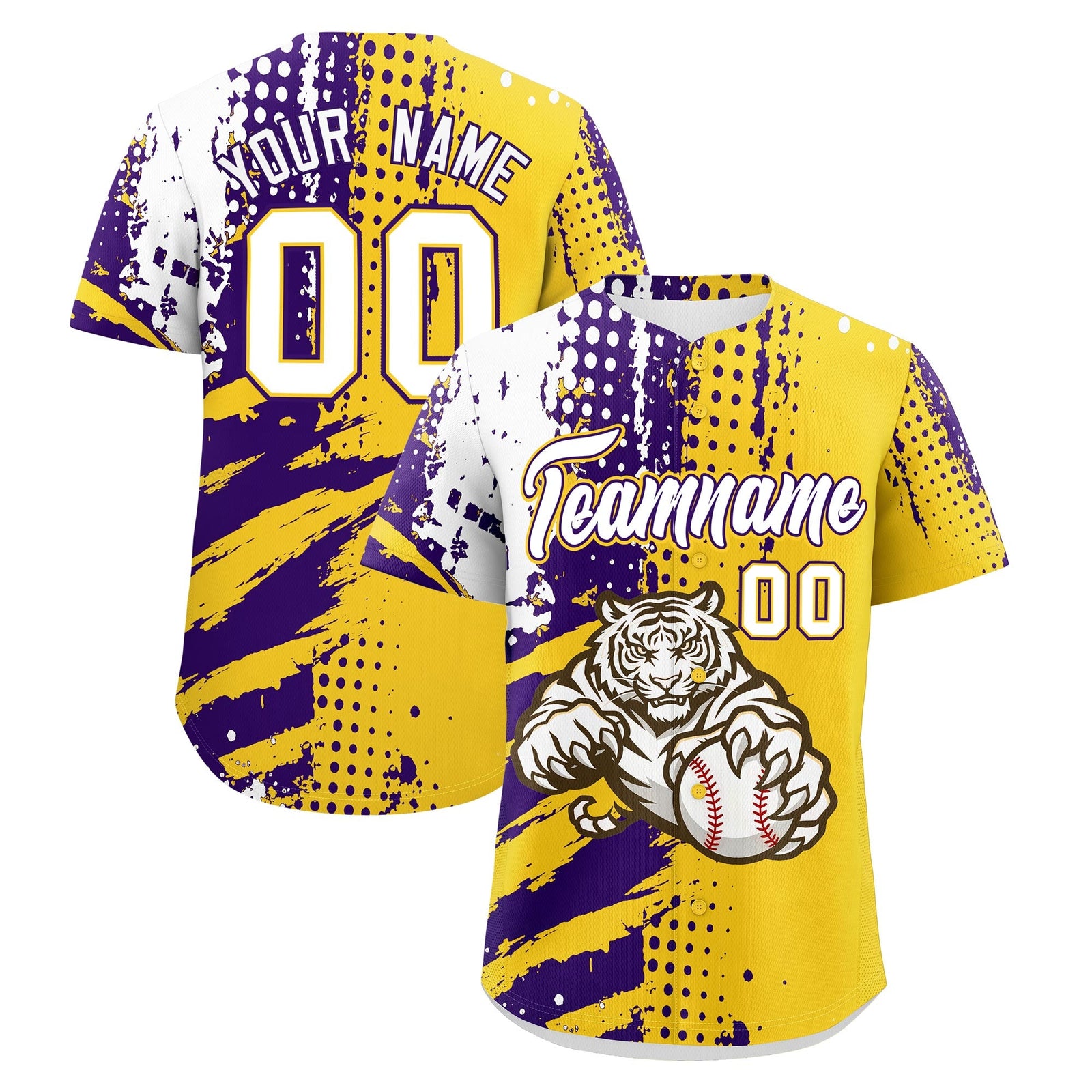 Custom Gold Purple White Baseball Jersey Full-Snap Graffiti Pattern Tiger Graffiti Jersey