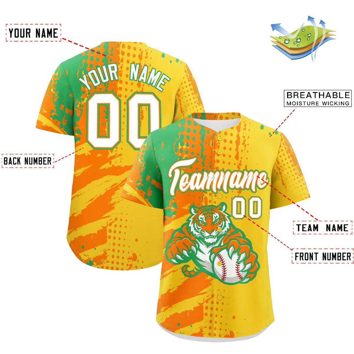 Custom Gold Orange Neon Green Full-Snap Graffiti Pattern Tiger Graffiti Jersey Baseball Jersey| KXKSHOP