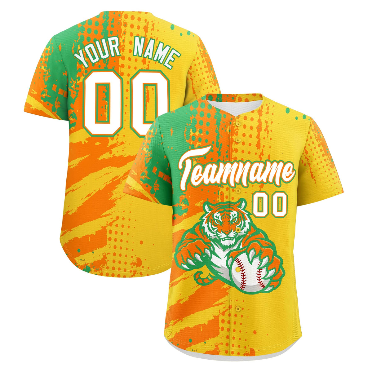 Custom Gold Orange Neon Green Baseball Jersey Full-Snap Graffiti Pattern Tiger Graffiti Jersey