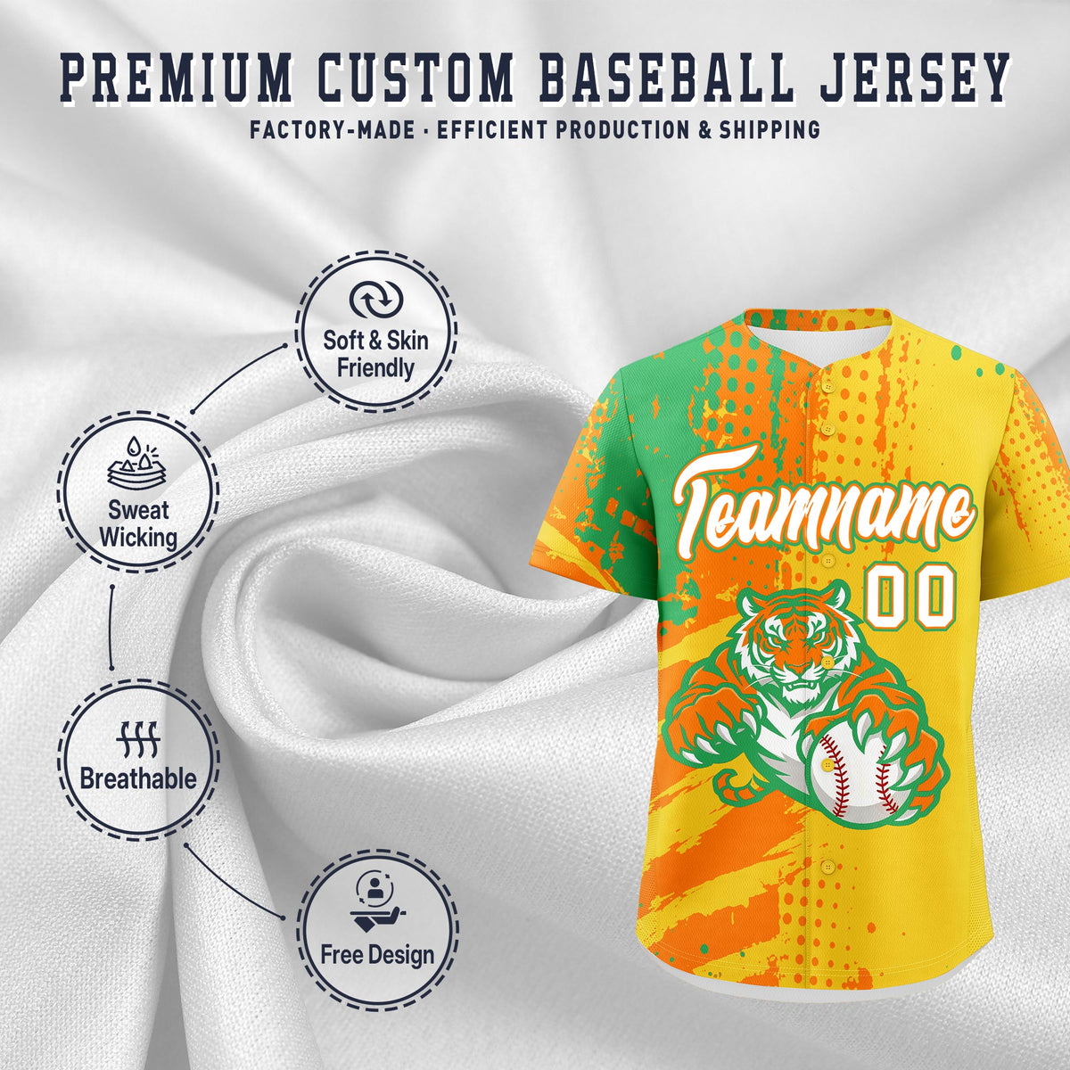 Custom Gold Orange Neon Green Full-Snap Graffiti Pattern Tiger Graffiti Jersey Baseball Jersey| KXKSHOP